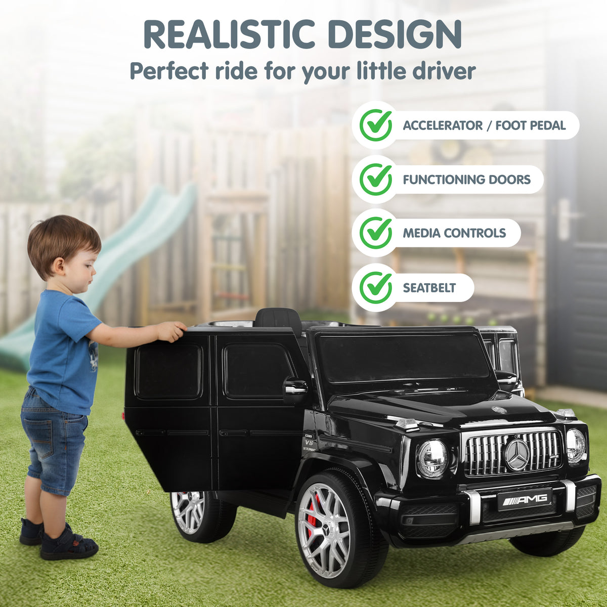 Kahuna Mercedes Benz AMG Licensed G63 Kids Electric Ride On Car Remote Control Dual 25W Motors Music Player V240-CAR-G63-S306-BK