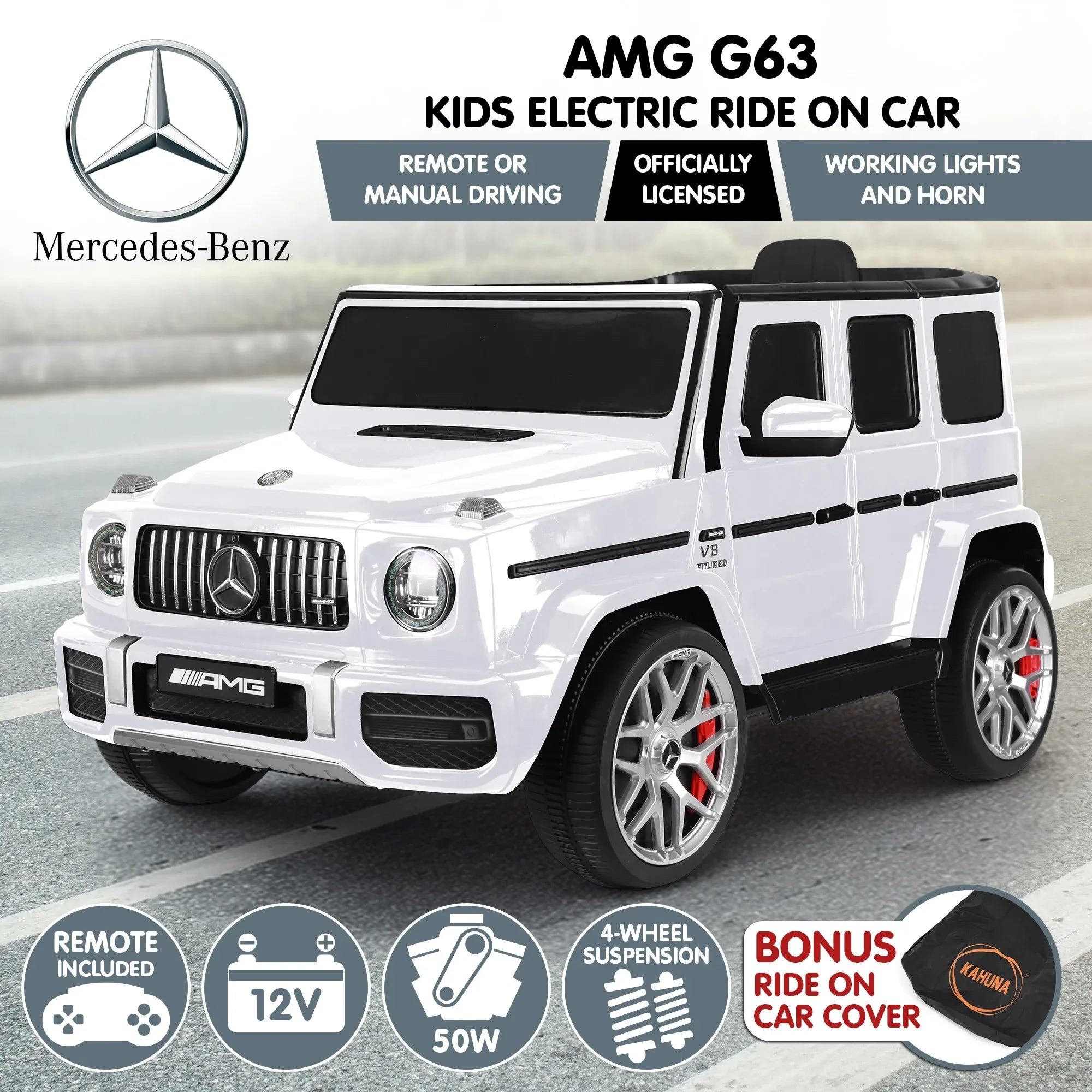 Kahuna Mercedes Benz AMG G63 Kids Electric Ride On Car w/ Remote Control - White V240-CAR-G63-S306-WH