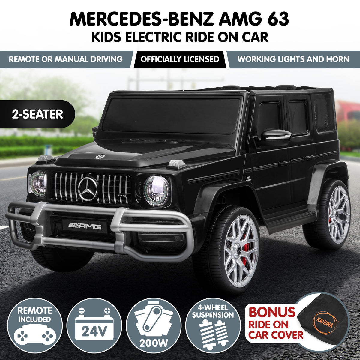 Kahuna Mercedes Benz AMG G63 Kids Electric Two Seater Ride On Car with Remote Control V240-CAR-G63-S307-BK