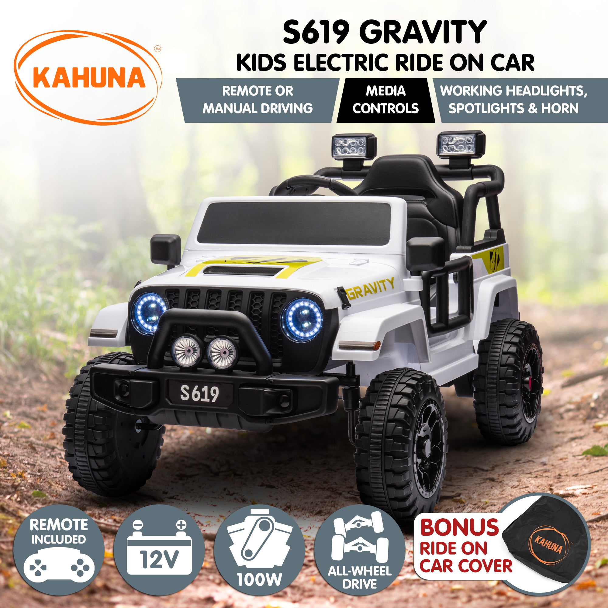 Kahuna S619 Gravity Kids Electric Ride On Car - White V240-CAR-KAH-S619-WH
