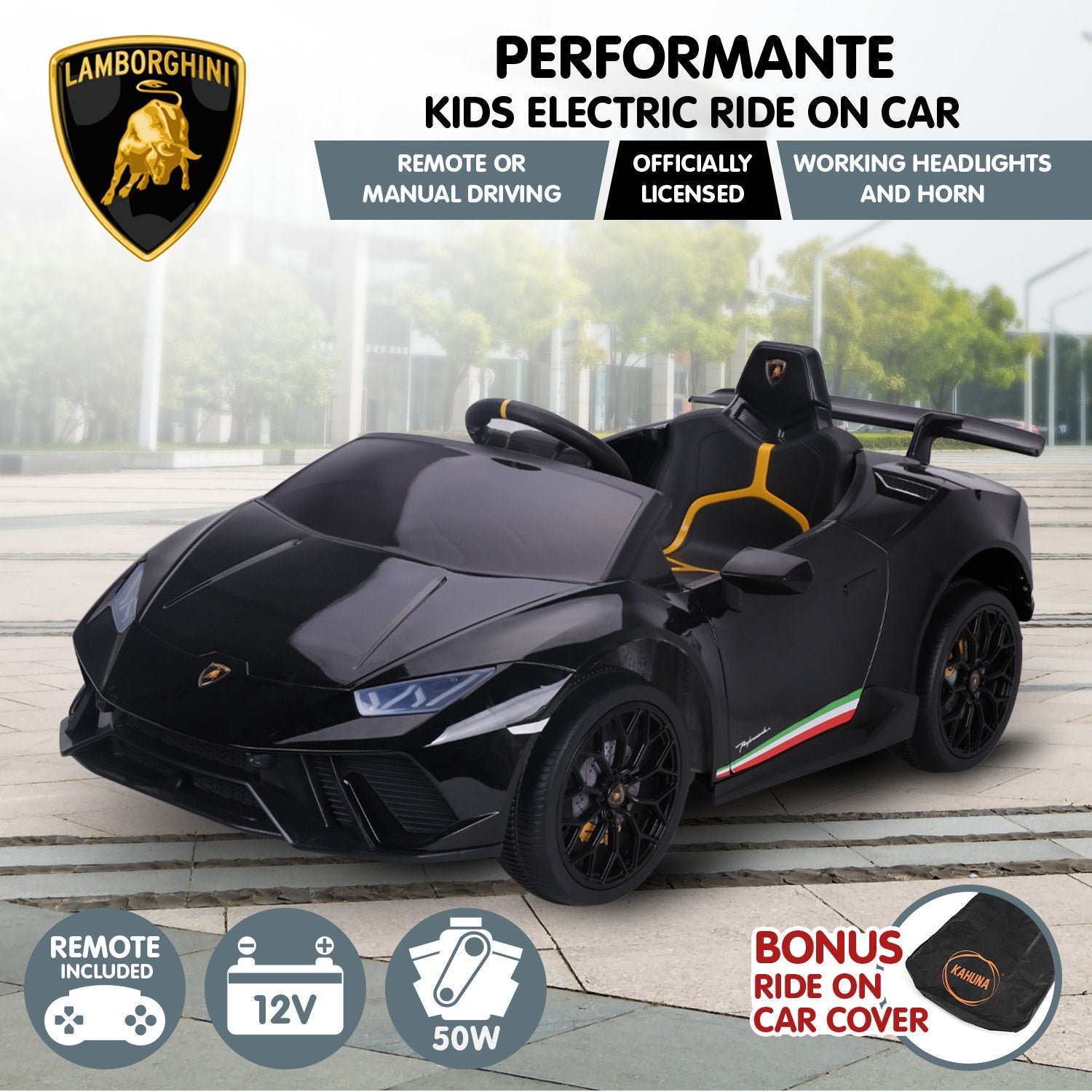 Kahuna Lamborghini Performante Kids Electric Ride On Car Remote Control - Black V240-CAR-LAM-BK