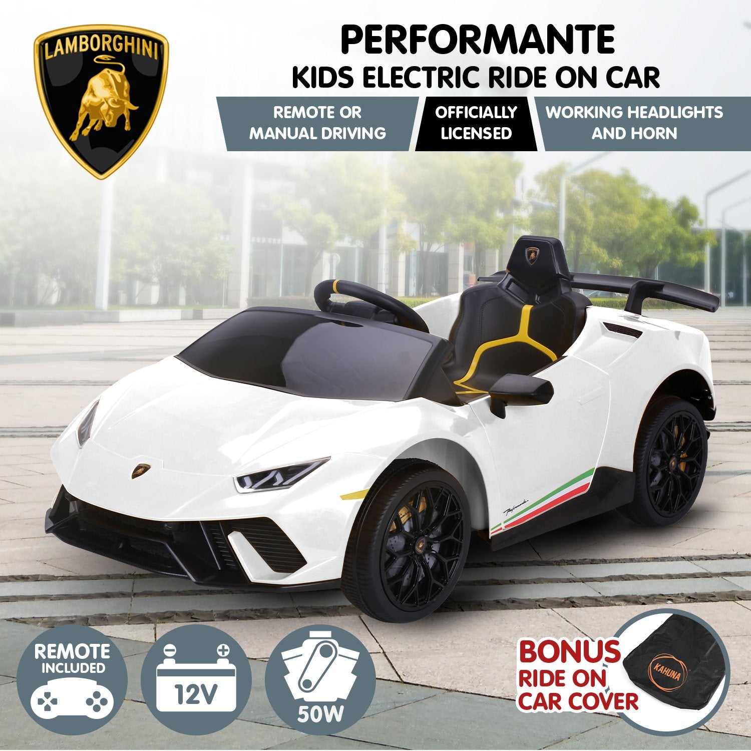 Kahuna Lamborghini Performante Kids Electric Ride On Car Remote Control by Kahuna - White V240-CAR-LAM-WH