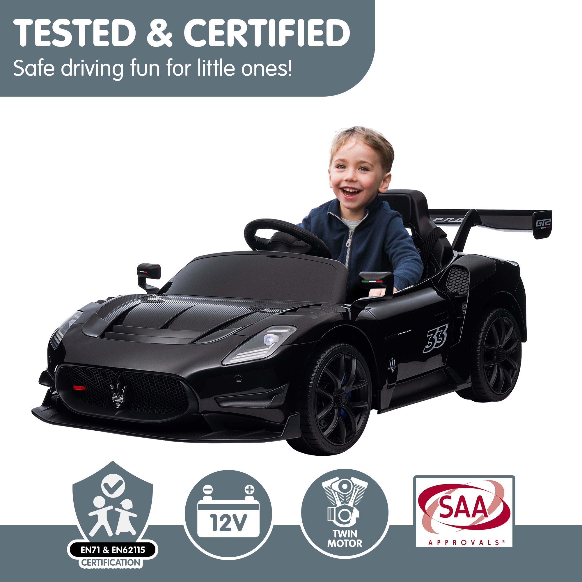Kahuna Maserati MC20 GT2 Licensed Electric Kids Ride On Race Car Black V240-CAR-MST-GT2-BK