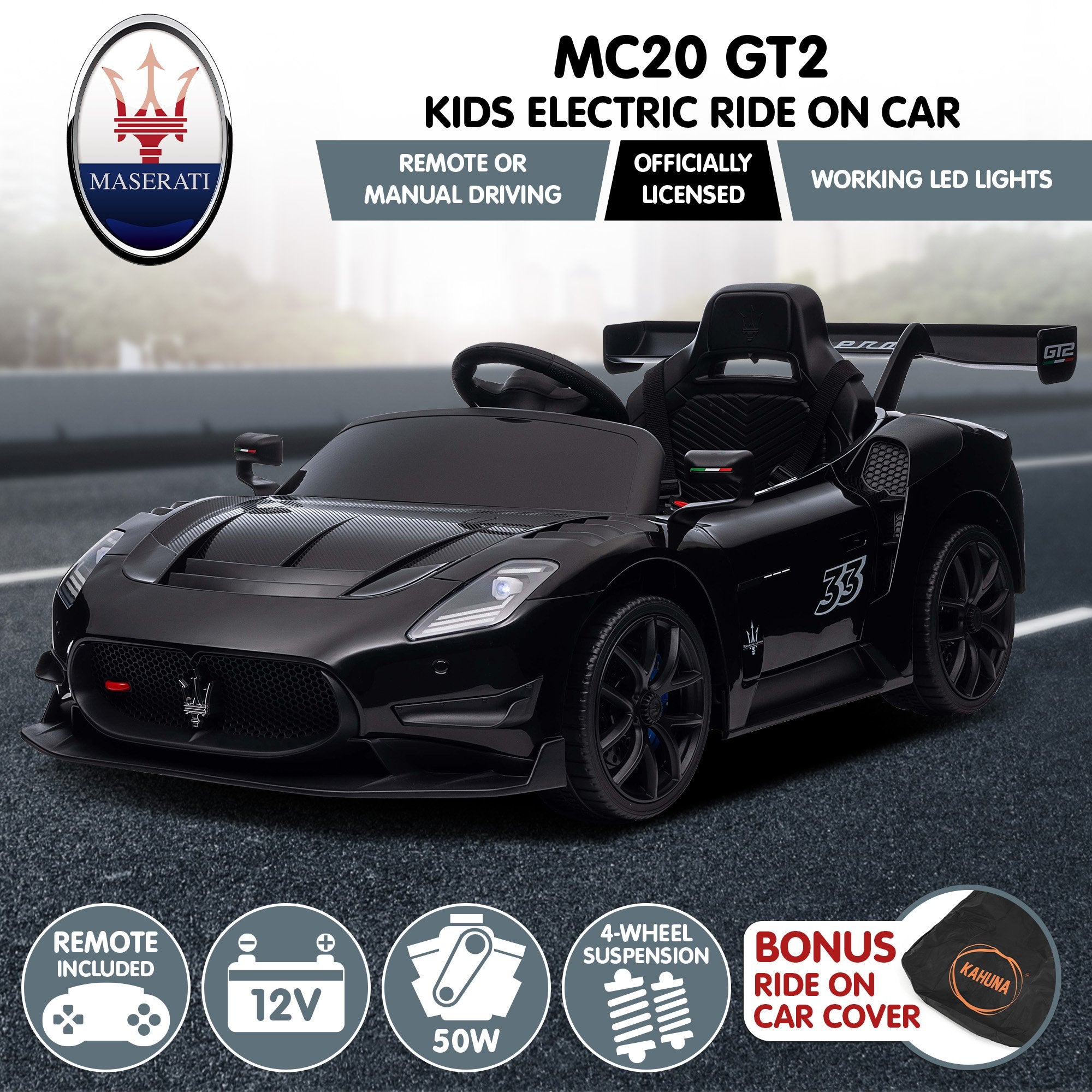 Kahuna Maserati MC20 GT2 Licensed Electric Kids Ride On Race Car Black V240-CAR-MST-GT2-BK