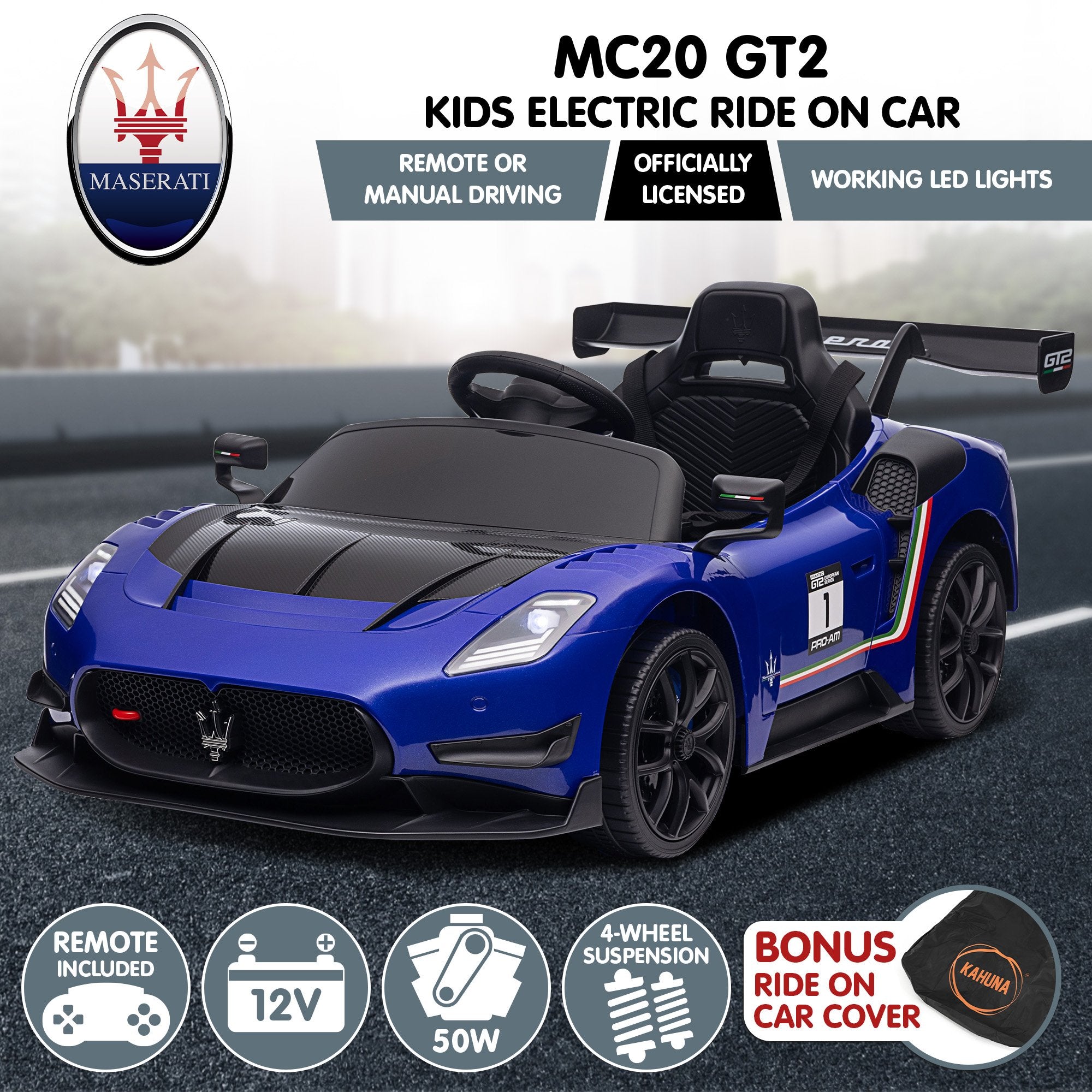 Kahuna Maserati MC20 GT2 Licensed Electric Kids Ride On Race Car Blue V240-CAR-MST-GT2-BU