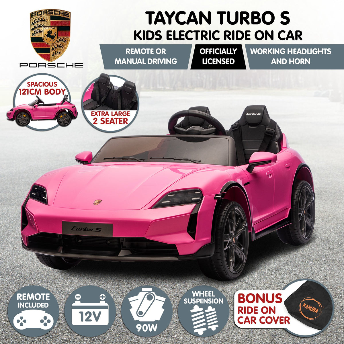 Kahuna Porsche Taycan Turbo S Kids Electric Ride On Car w/Remote Control 90W Four Wheel Suspension 2 Seater V240-CAR-PSCH-988-PK