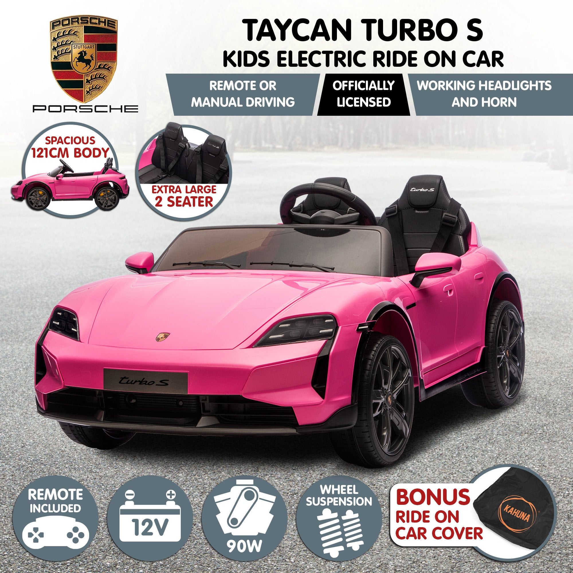Kahuna Porsche Taycan Turbo S Kids Electric Ride On Car w/Remote Control 90W Four Wheel Suspension 2 Seater V240-CAR-PSCH-988-PK