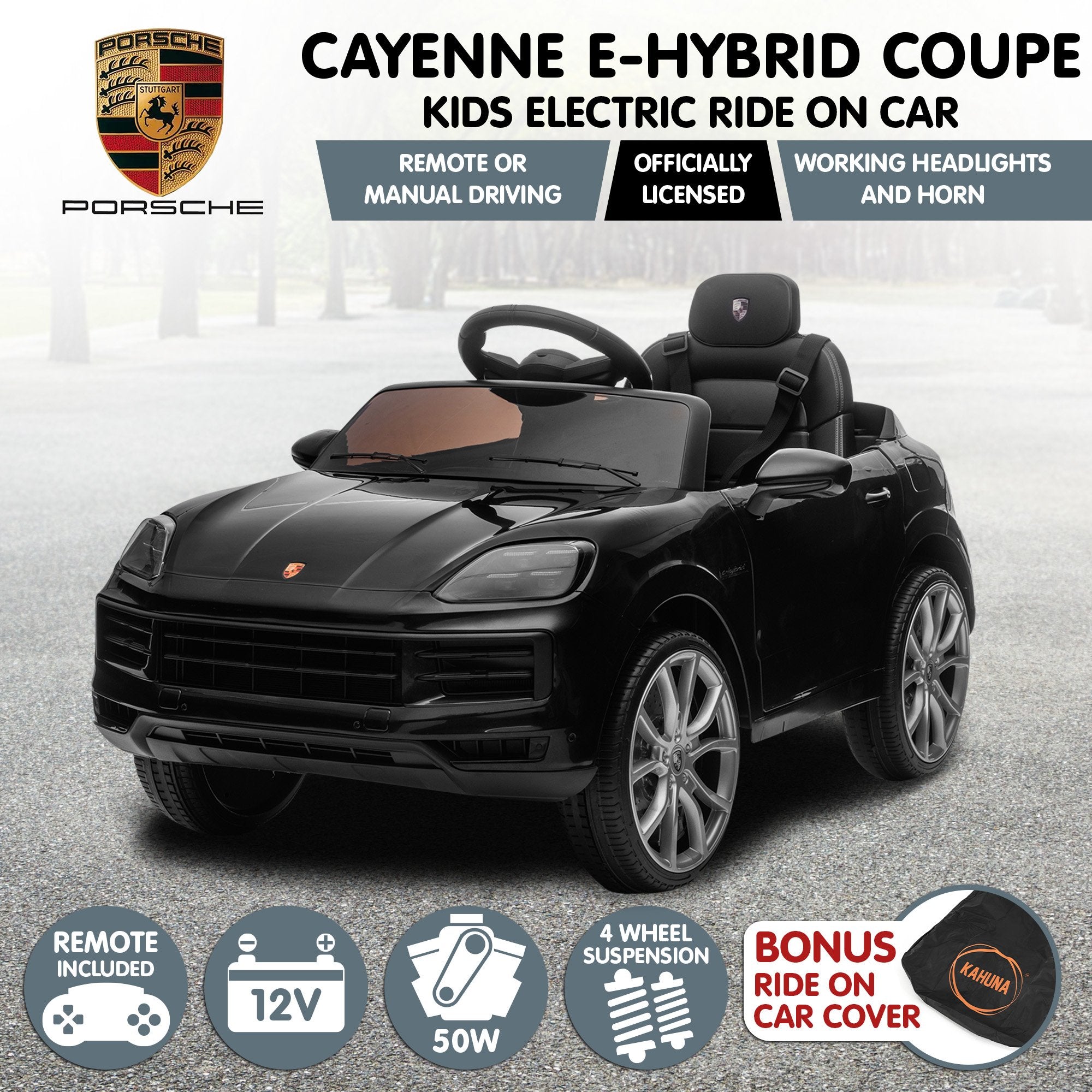 Kahuna Porsche Cayenne E Hybrid Coupe Licensed Kids Electric Ride On Car w/Remote Control 50W Dual Motors V240-CAR-PSCH-990-BK