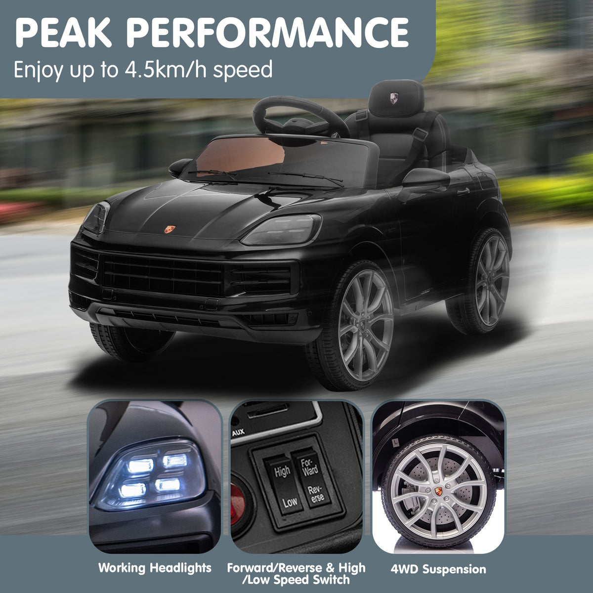 Kahuna Porsche Cayenne E Hybrid Coupe Licensed Kids Electric Ride On Car w/Remote Control 50W Dual Motors V240-CAR-PSCH-990-BK