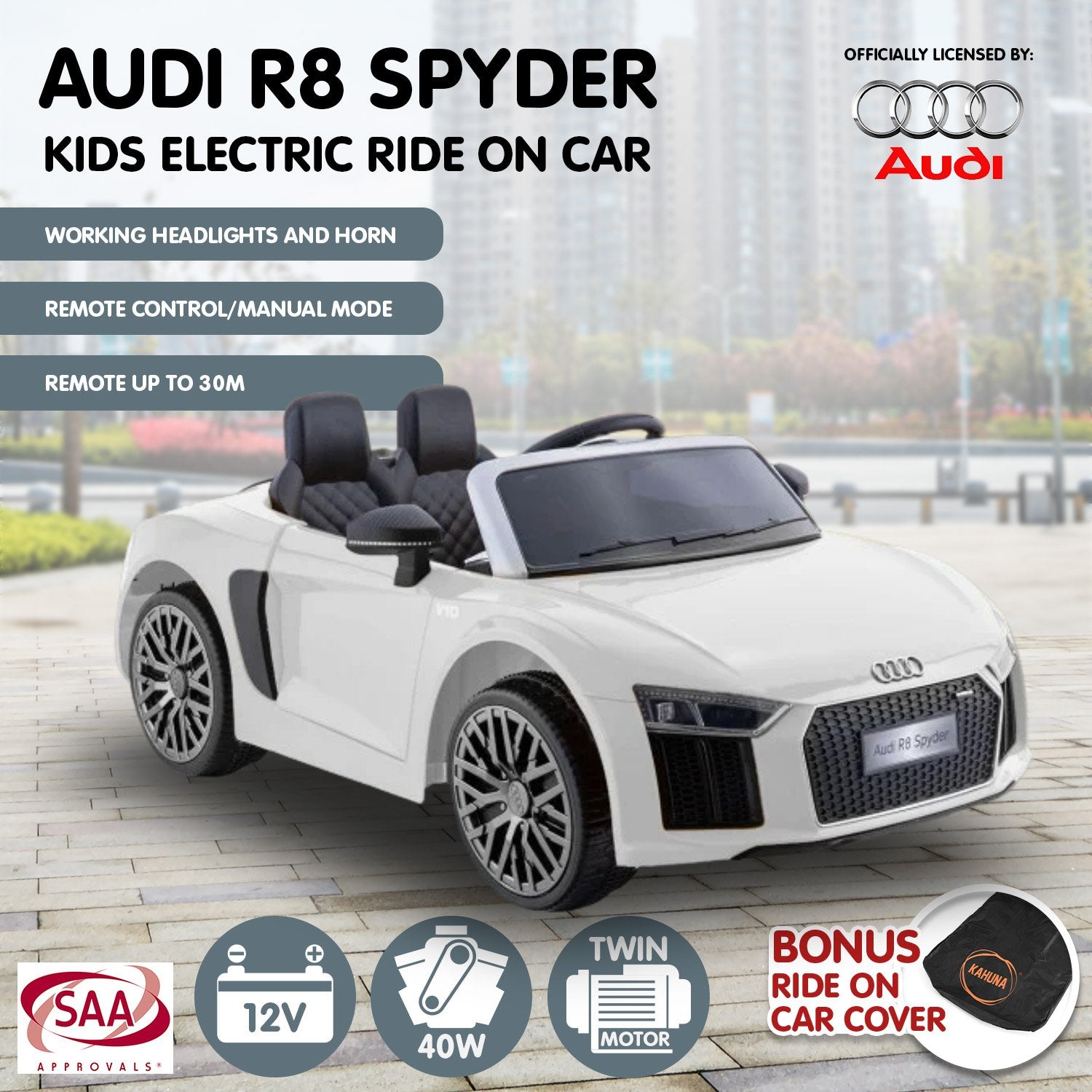 Kahuna Kahuna R8 Spyder Audi Licensed Kids Electric Ride On Car Remote Control - White V240-CAR-SPD-WH