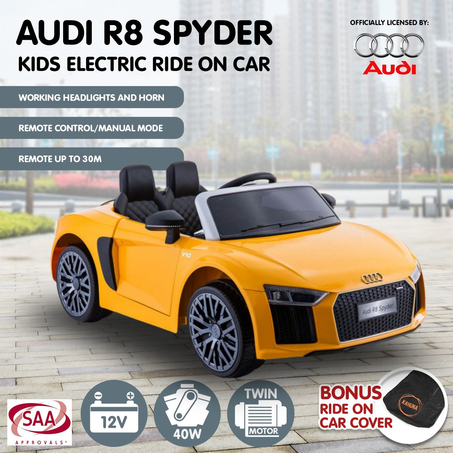 Kahuna R8 Spyder Audi Licensed Kids Electric Ride On Car Remote Control - Yellow V240-CAR-SPD-YE