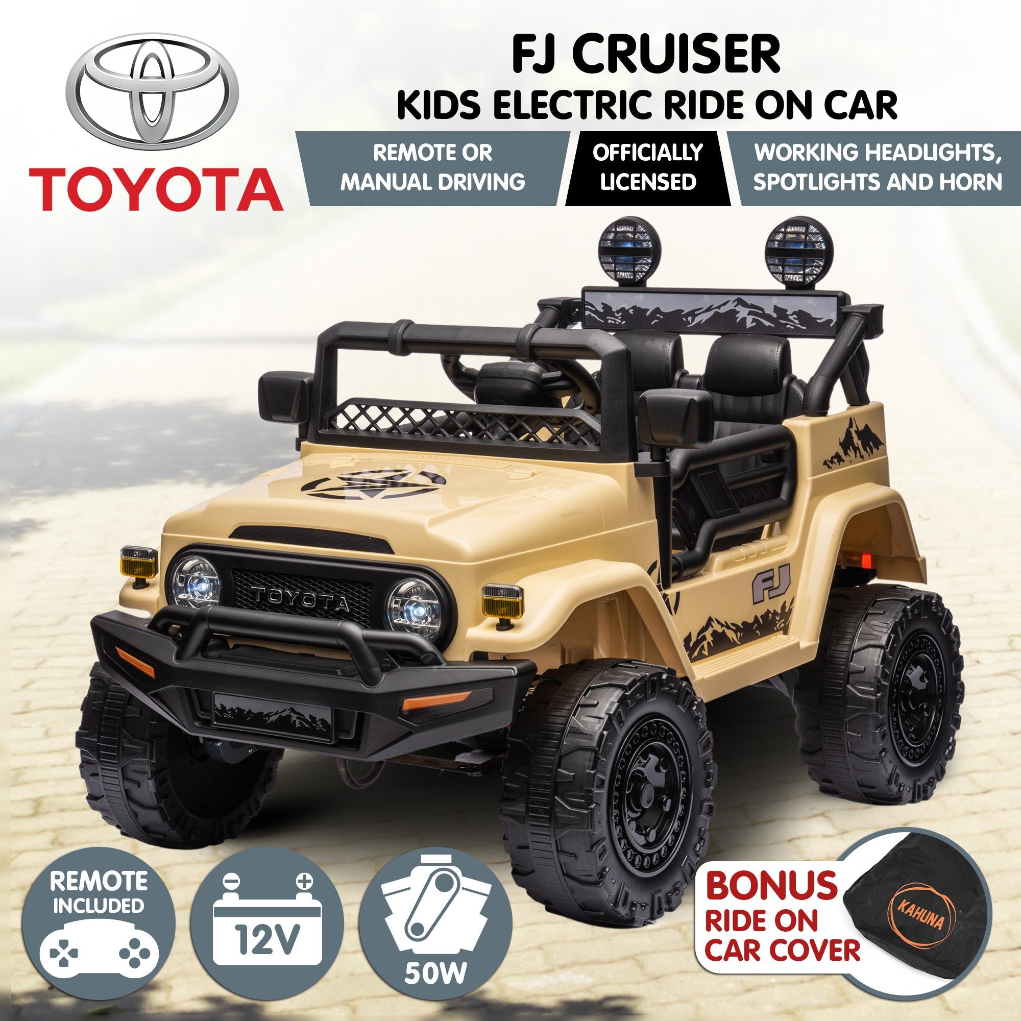 Kahuna Authorised Toyota Fj Cruiser Kids Electric Ride On Car - Khaki V240-CAR-TYT-FJC-KH