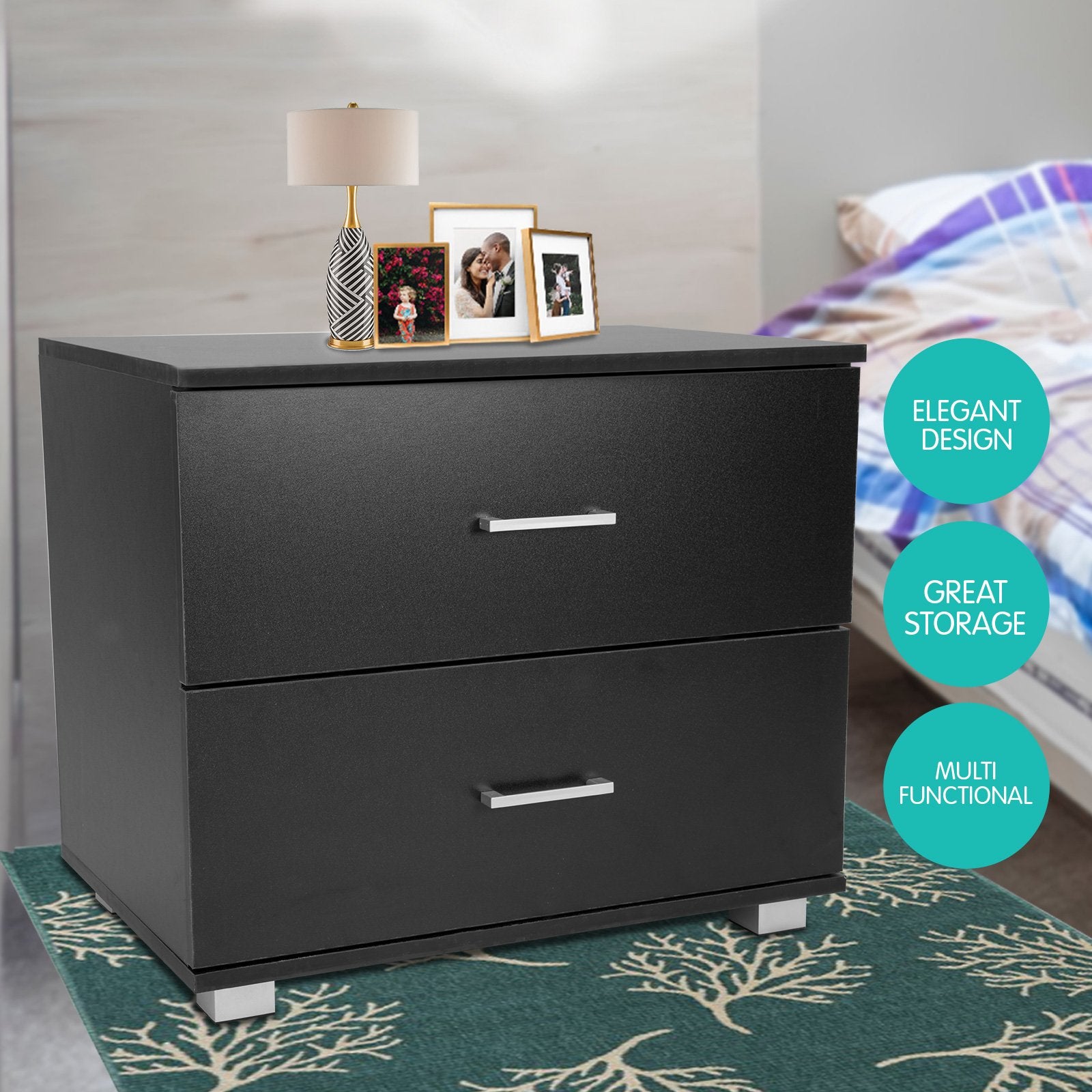 Sarantino Bedside Table Cabinet Storage Chest 2 Drawers Lamp Side Nightstand - Black V240-CBT-059-040-051-BK