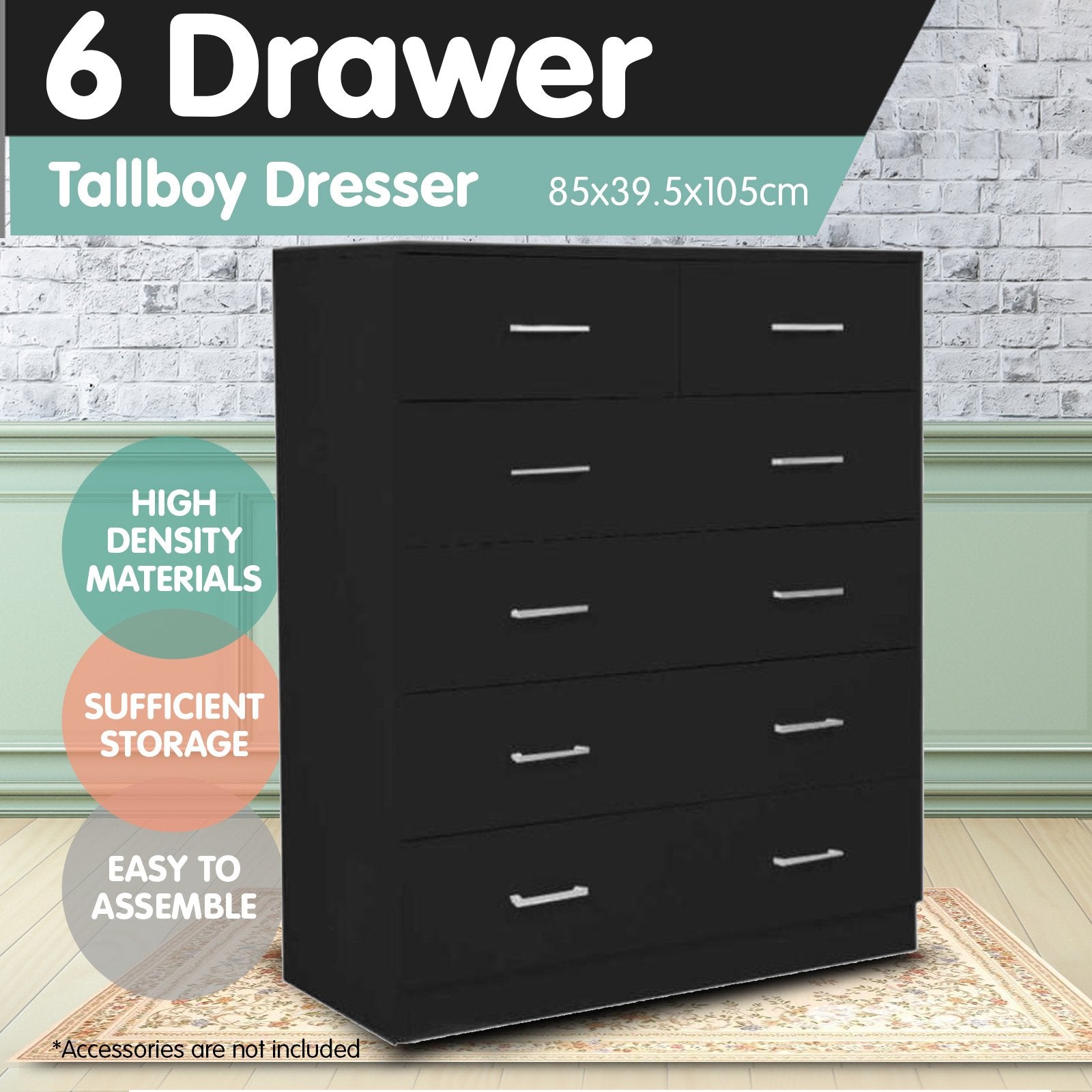Sarantino Tallboy Dresser 6 Chest Of Drawers Table Cabinet Bedroom Storage Black V240-CBT-085-040-105-BK