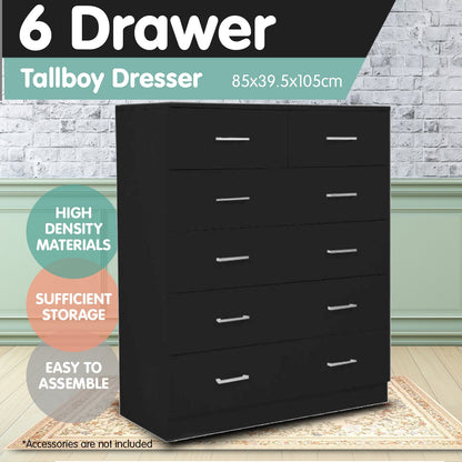Sarantino Tallboy Dresser 6 Chest Of Drawers Table Cabinet Bedroom Storage Black V240-CBT-085-040-105-BK