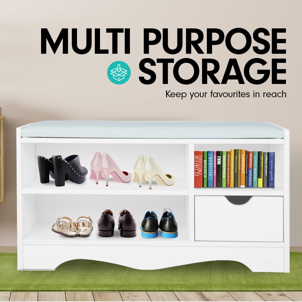 Sarantino Shoe Rack Cabinet Organiser Grey Cushion Stool Bench - 80 X 30 X 45 - White V240-CBT-80-30-45-WHGY
