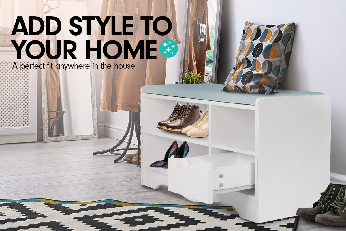 Sarantino Shoe Rack Cabinet Organiser Grey Cushion Stool Bench - 80 X 30 X 45 - White V240-CBT-80-30-45-WHGY
