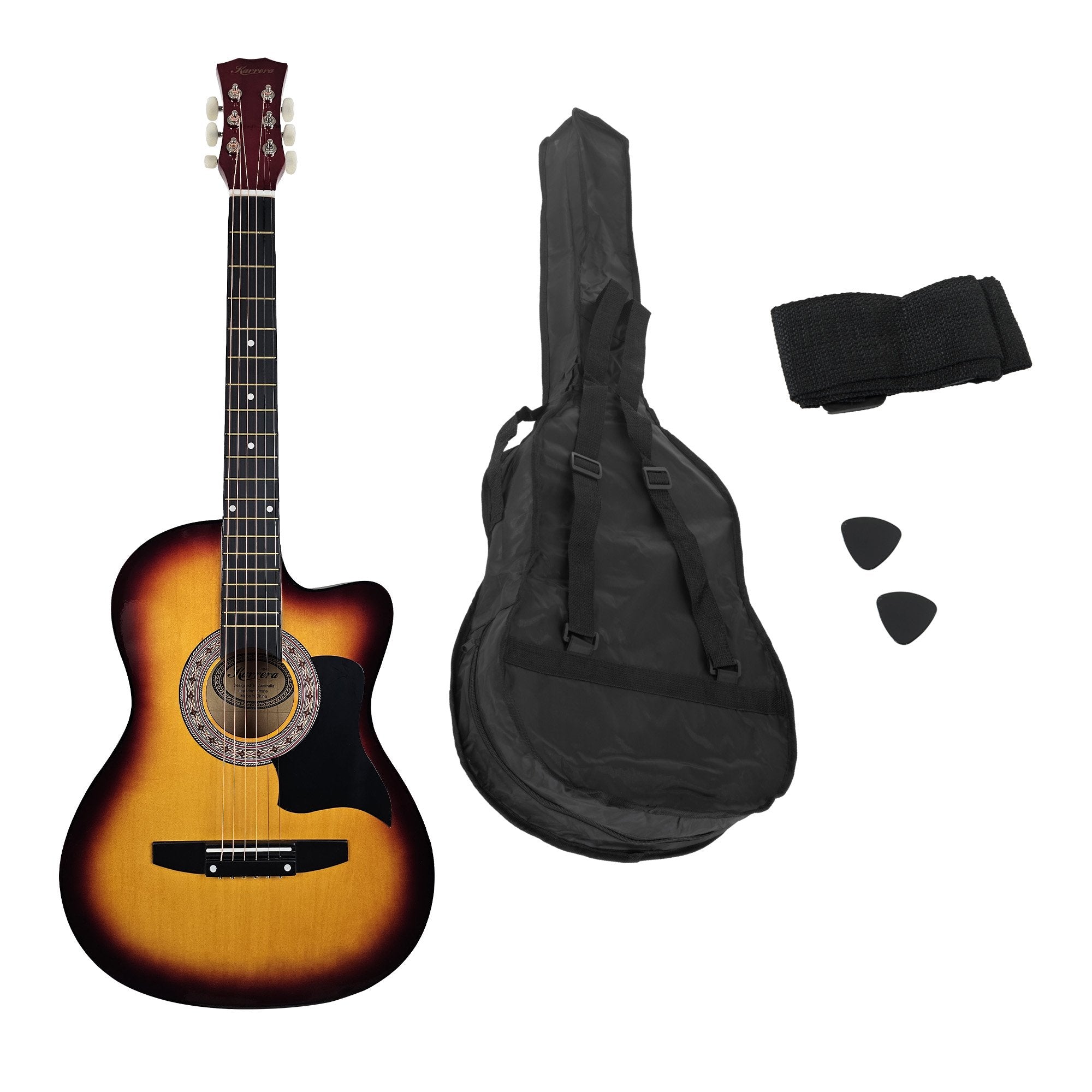 Karrera 38in Acoustic Guitar Steel Strings Carry Bag Shoulder Strap Sun Burst V240-CC38-3TS