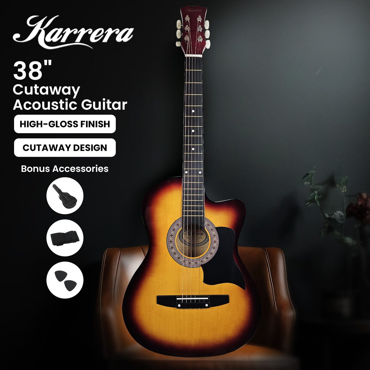 Karrera 38in Acoustic Guitar Steel Strings Carry Bag Shoulder Strap Sun Burst V240-CC38-3TS