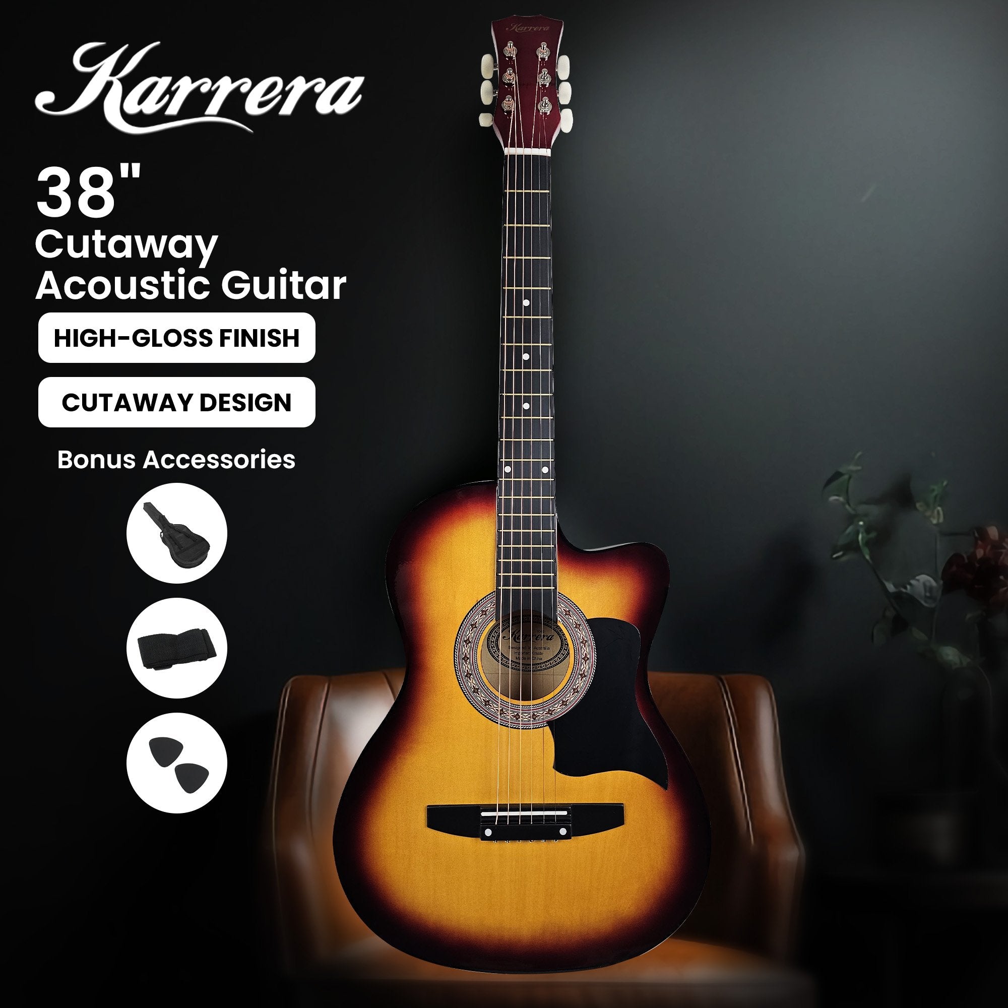 Karrera 38in Acoustic Guitar Steel Strings Carry Bag Shoulder Strap Sun Burst V240-CC38-3TS