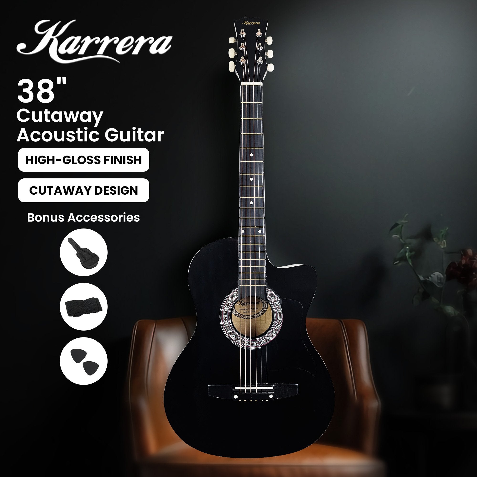 Karrera 38in Cutaway Acoustic Guitar with guitar bag - Black V240-CC38-BK