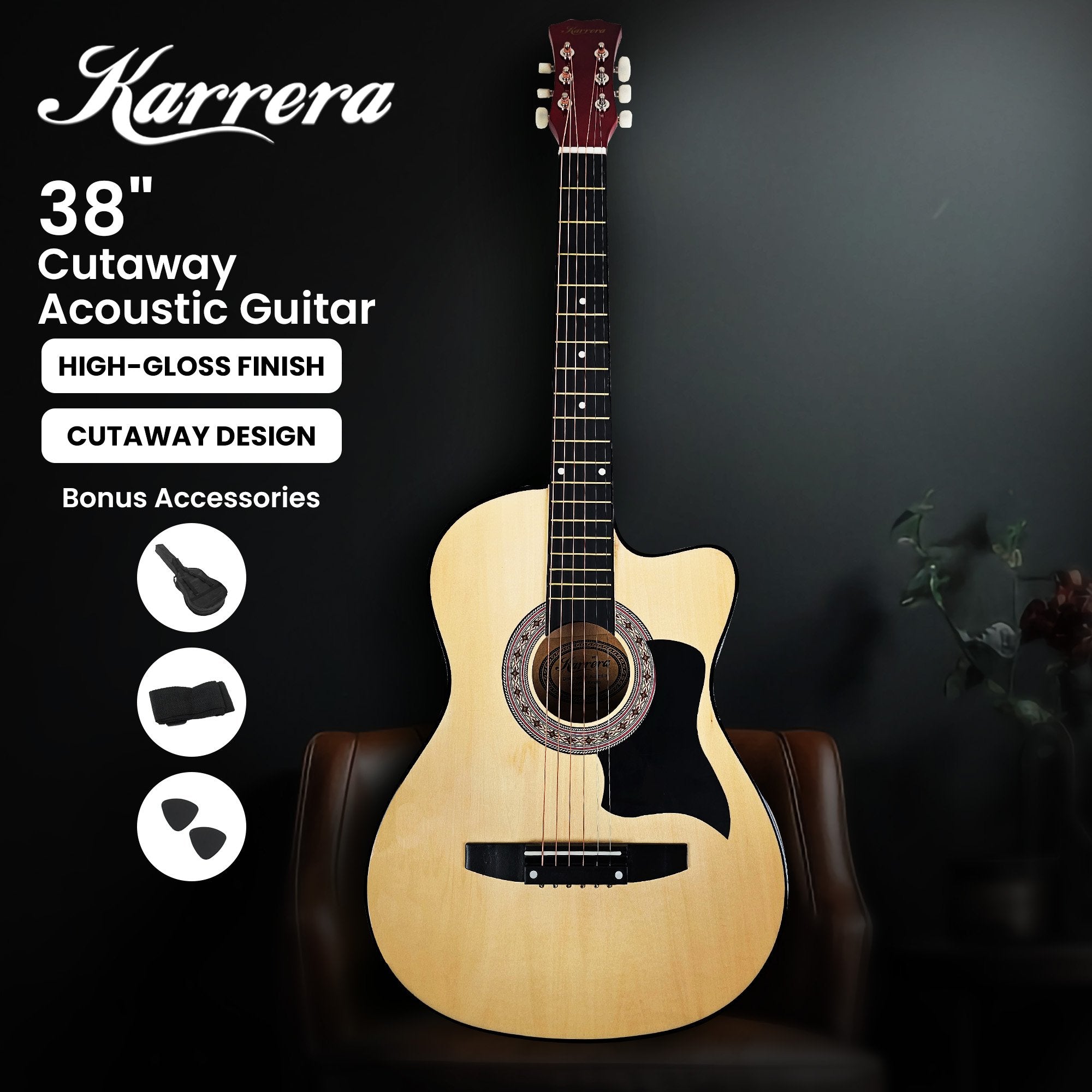 Karrera 38in Cutaway Acoustic Guitar with guitar bag - Natural V240-CC38-NAT