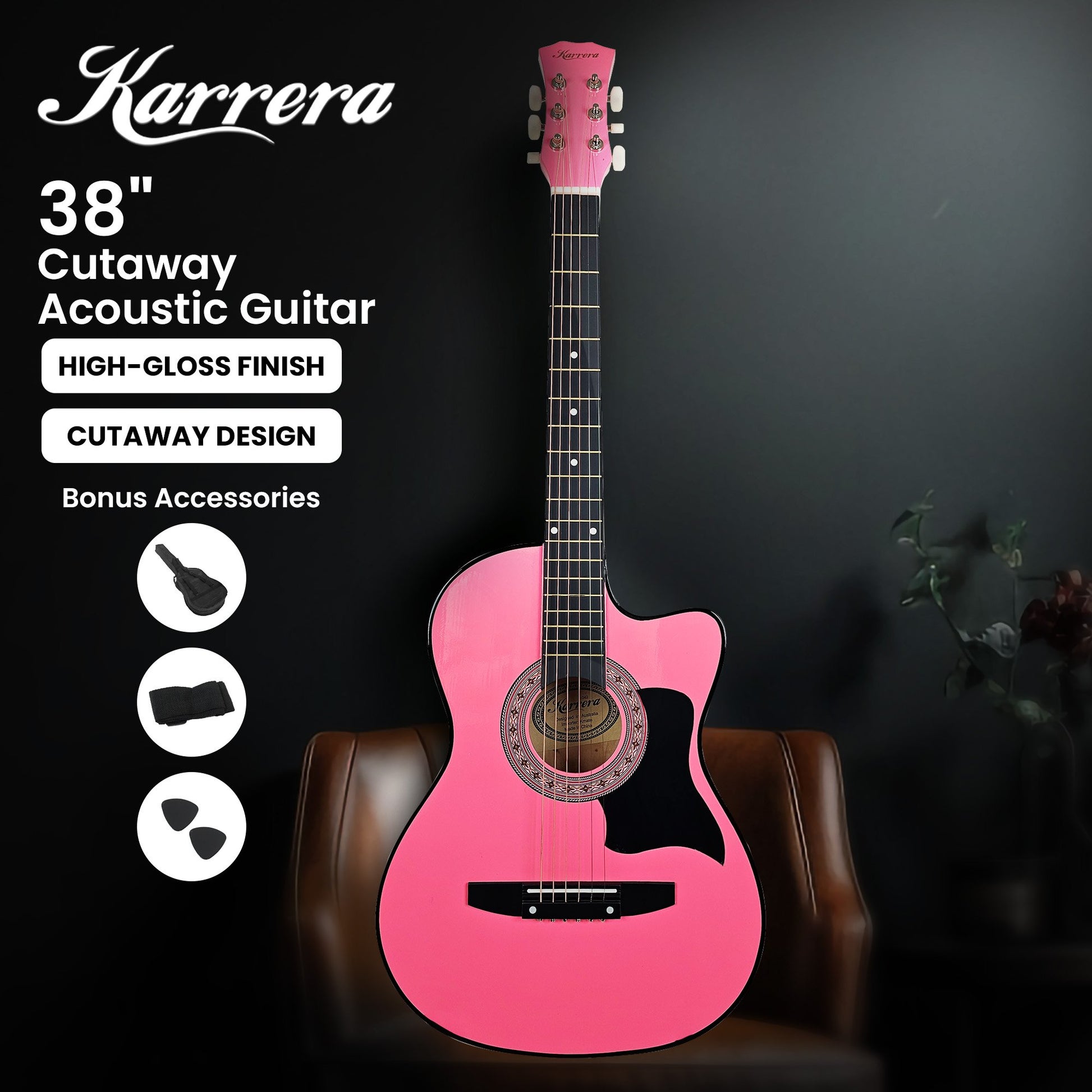 Karrera 38in Cutaway Acoustic Guitar with guitar bag - Pink V240-CC38-PK