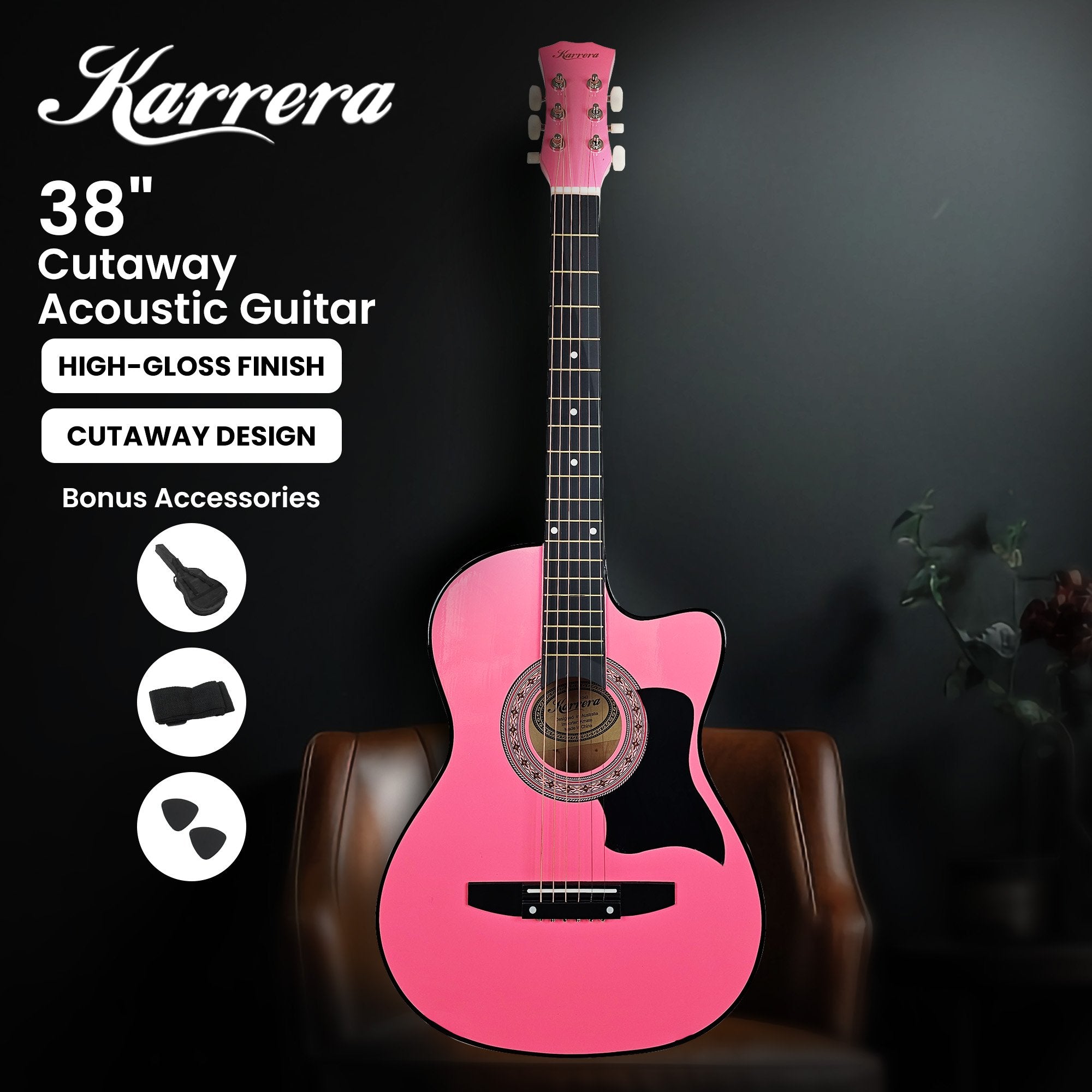 Karrera 38in Cutaway Acoustic Guitar with guitar bag - Pink V240-CC38-PK