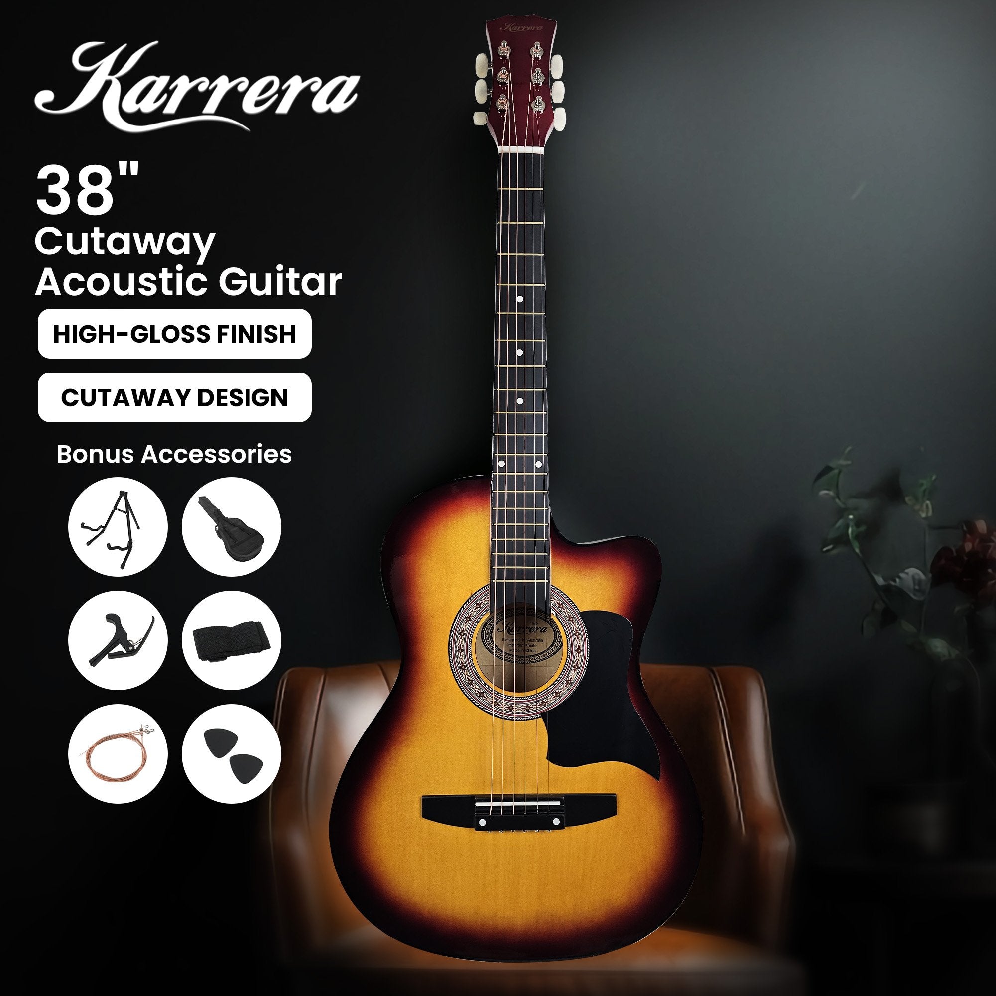 Karrera 38in Pro Cutaway Acoustic Guitar with Bag Strings - Sun Burst V240-CC38-PRO-3TS