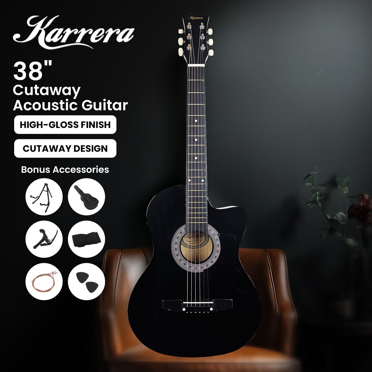 Karrera 38in Pro Cutaway Acoustic Guitar with Carry Bag - Black V240-CC38-PRO-BK