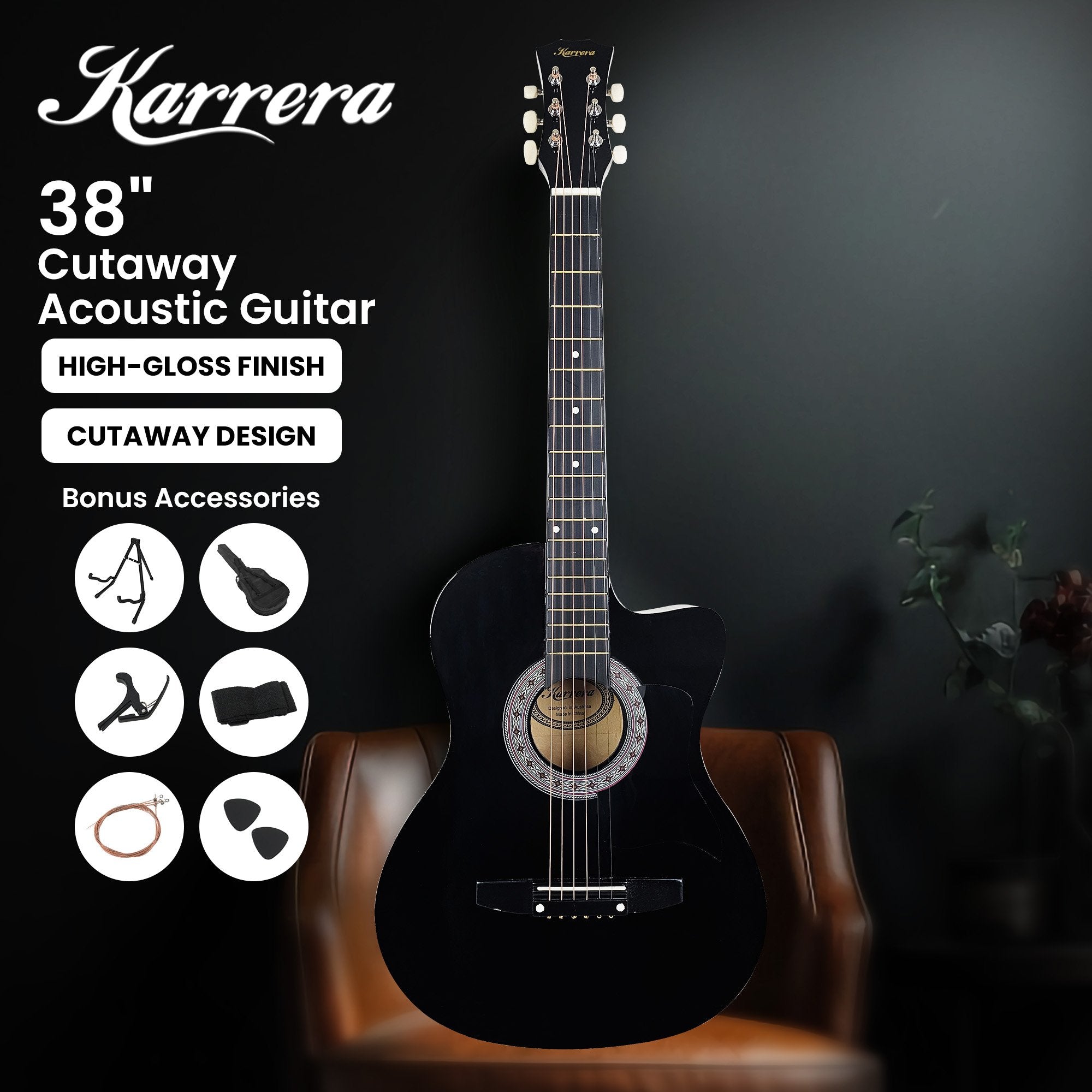 Karrera 38in Pro Cutaway Acoustic Guitar with Carry Bag - Black V240-CC38-PRO-BK