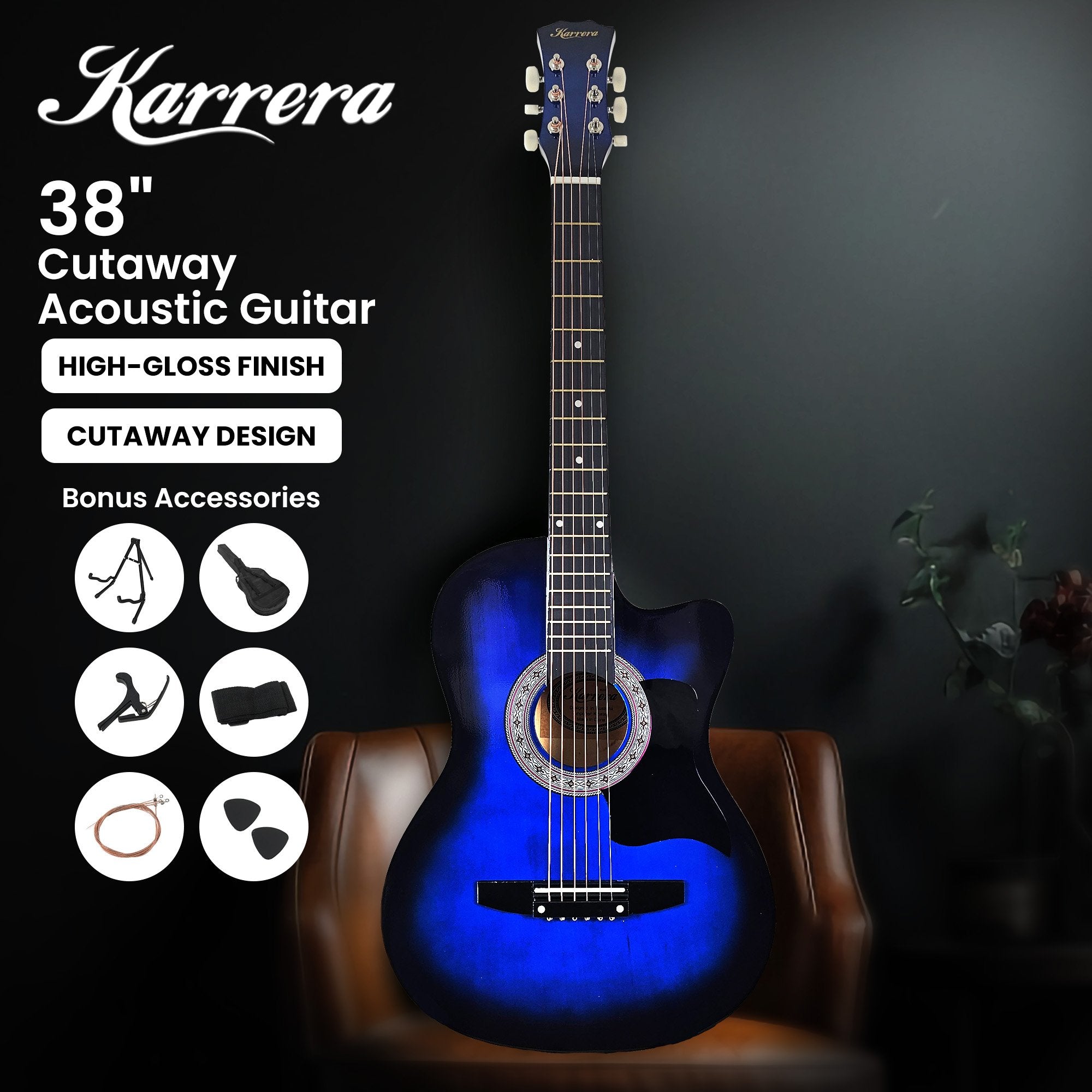 Karrera 38in Pro Cutaway Acoustic Guitar with Bag Strings - Blue Burst V240-CC38-PRO-SBU