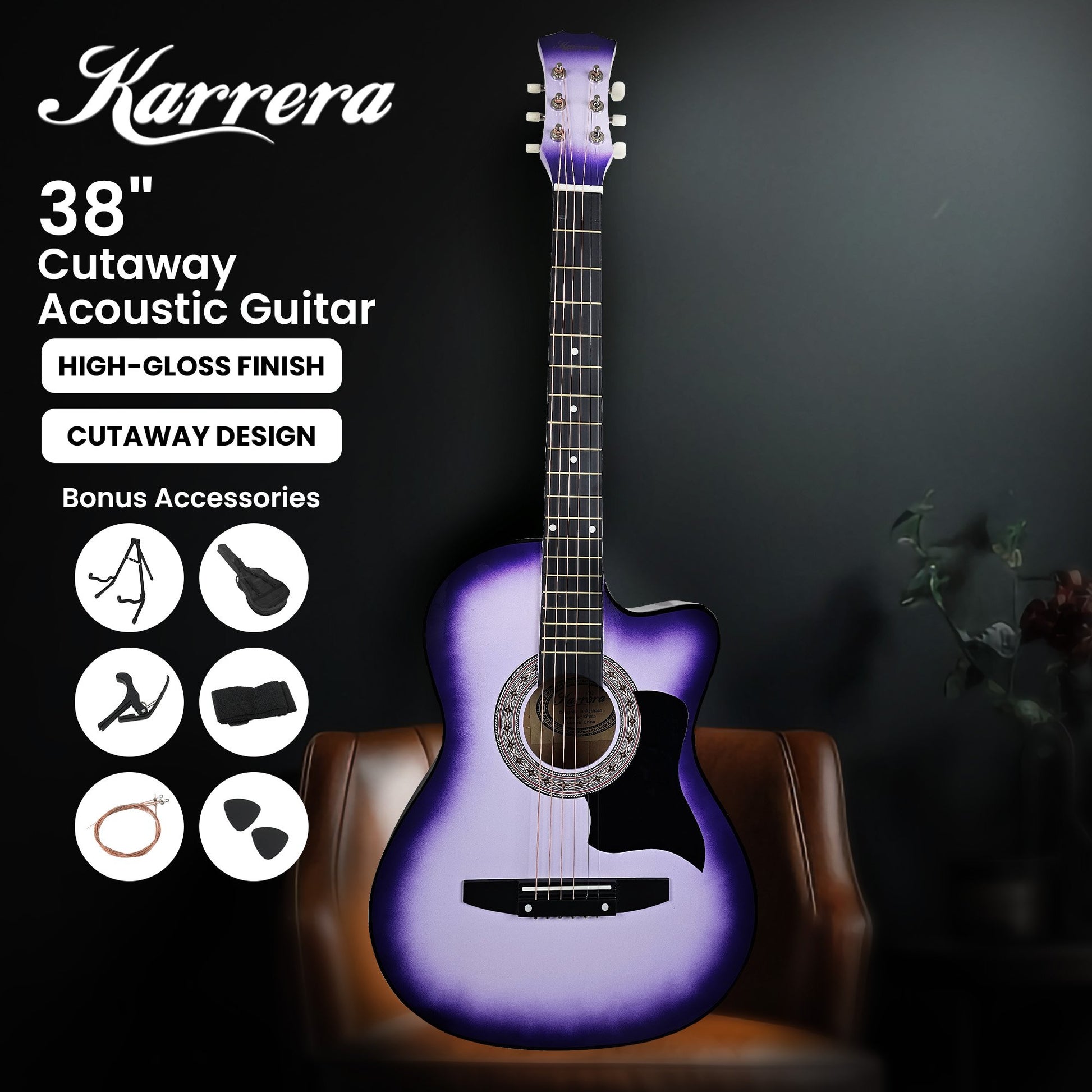 Karrera 38in Pro Cutaway Acoustic Guitar with guitar bag - Purple Burst V240-CC38-PRO-SPL