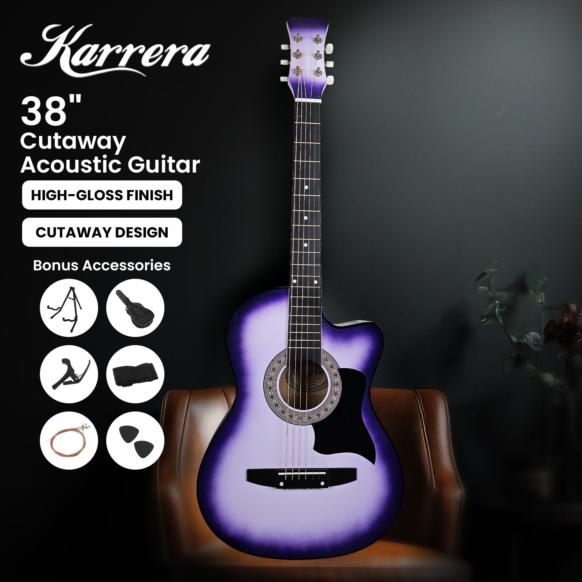 Karrera 38in Pro Cutaway Acoustic Guitar with guitar bag - Purple Burst V240-CC38-PRO-SPL