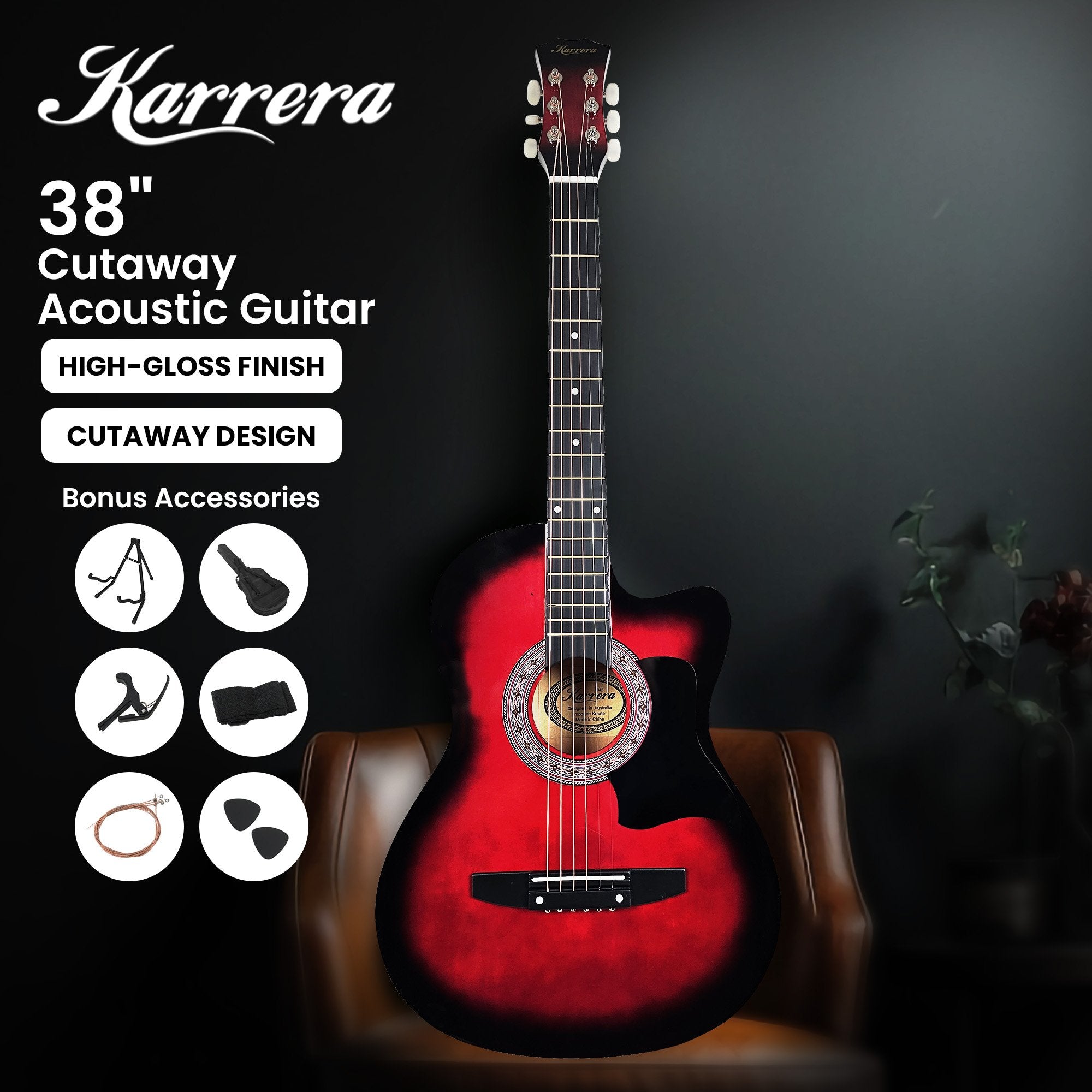 Karrera 38in Pro Cutaway Acoustic Guitar with guitar bag - Red Burst V240-CC38-PRO-SRD