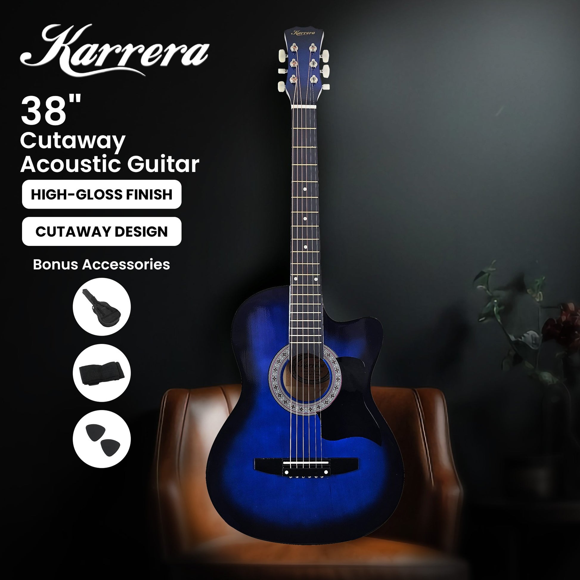 Karrera 38in Cutaway Acoustic Guitar with guitar bag - Blue Burst V240-CC38-SBU