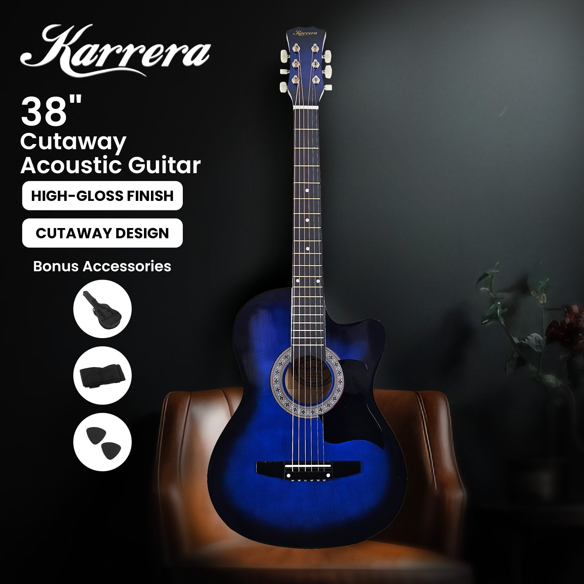Karrera 38in Cutaway Acoustic Guitar with guitar bag - Blue Burst V240-CC38-SBU
