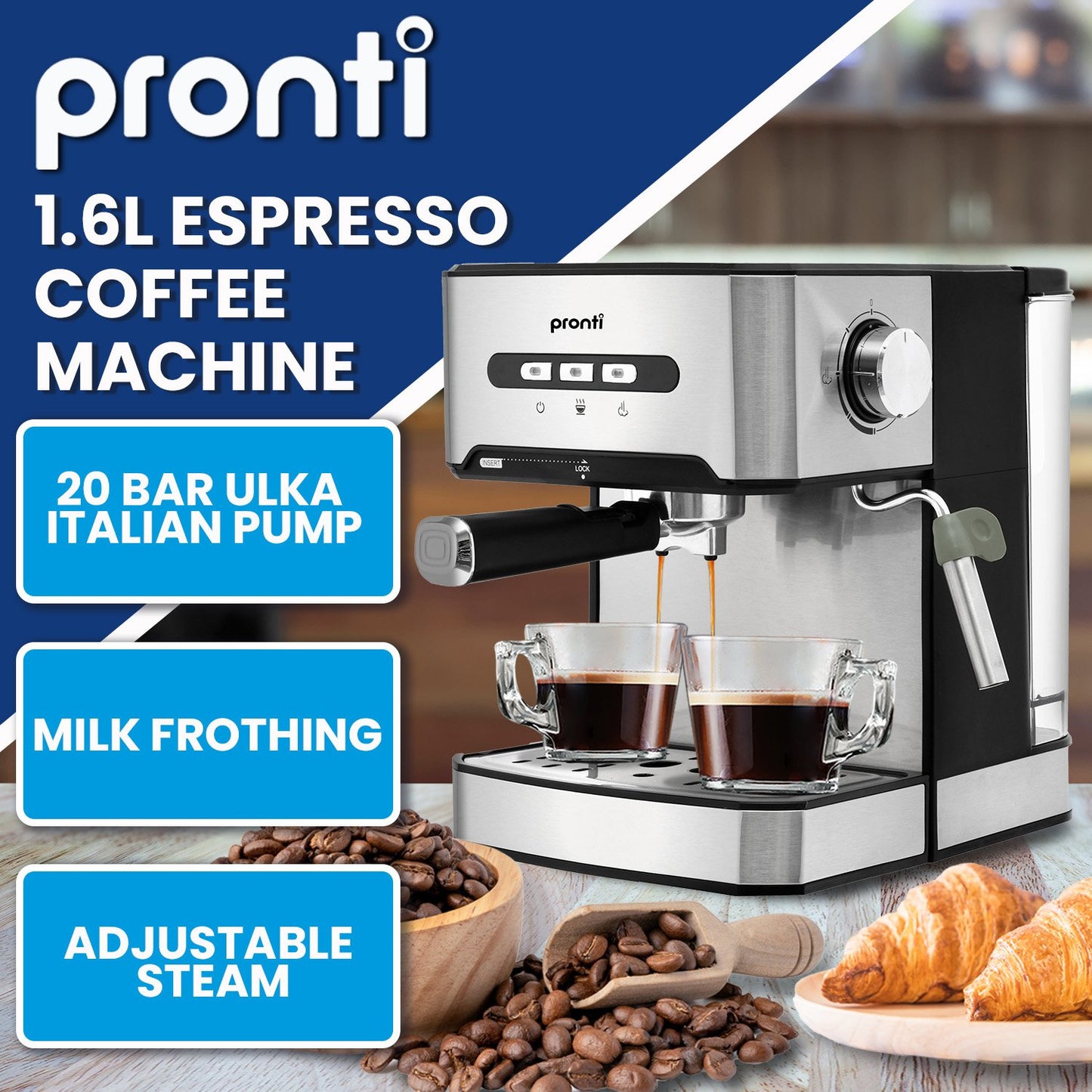 Pronti 1.6L Automatic Coffee Espresso Machine with Steam Frother V240-CFM-16L-CRK-825