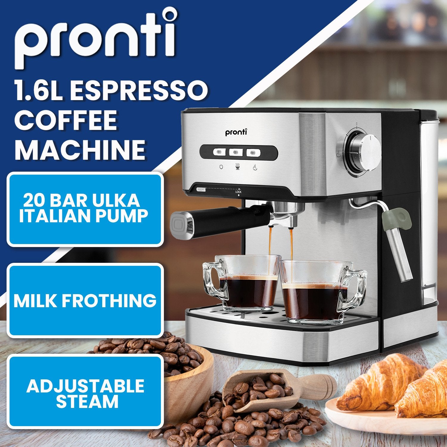 Pronti 1.6L Automatic Coffee Espresso Machine with Steam Frother V240-CFM-16L-CRK-825