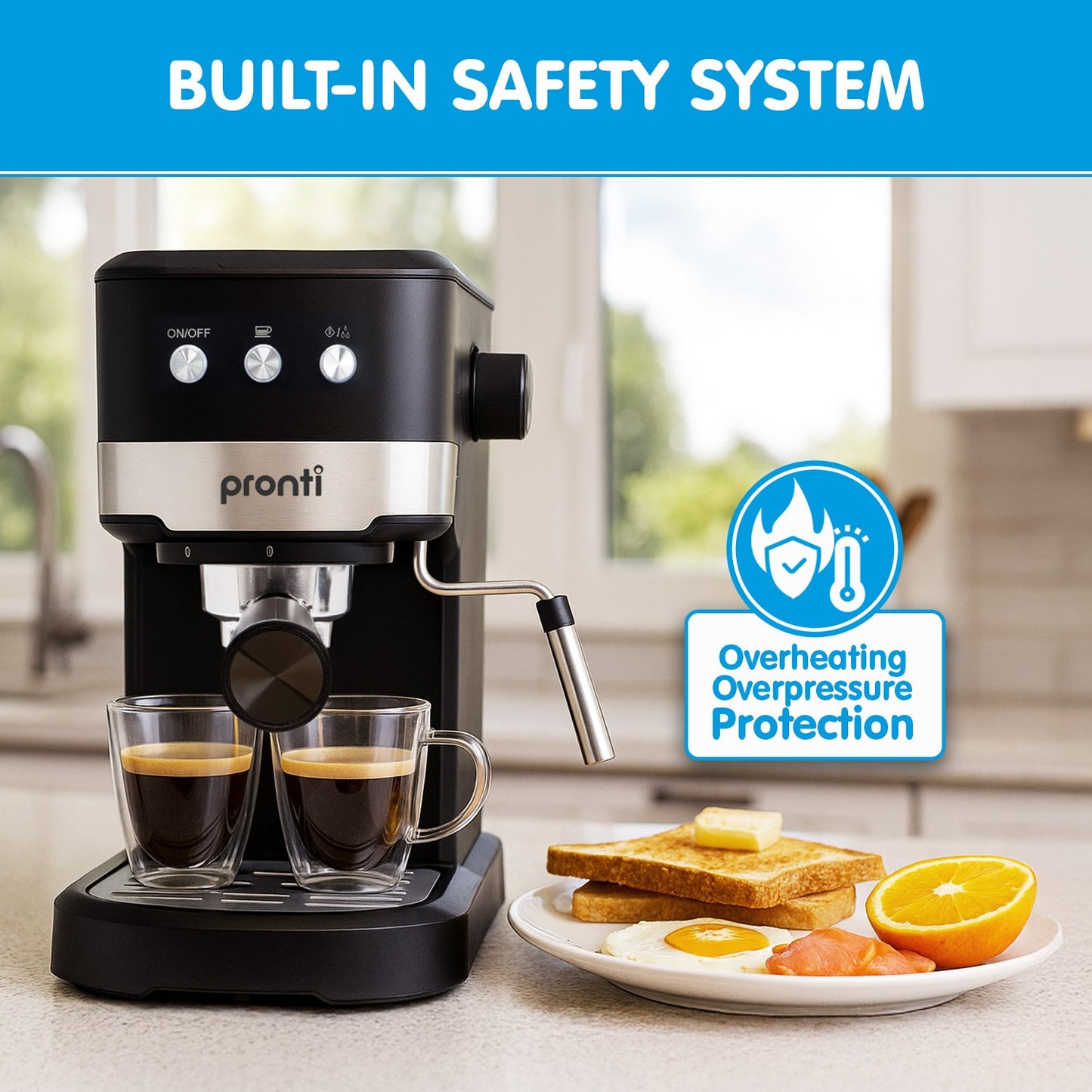 Pronti CM-850D Coffee Machine 20 Bar Espresso Maker with Milk Frother and 1.25L Tank V240-CFM-GTS-850D