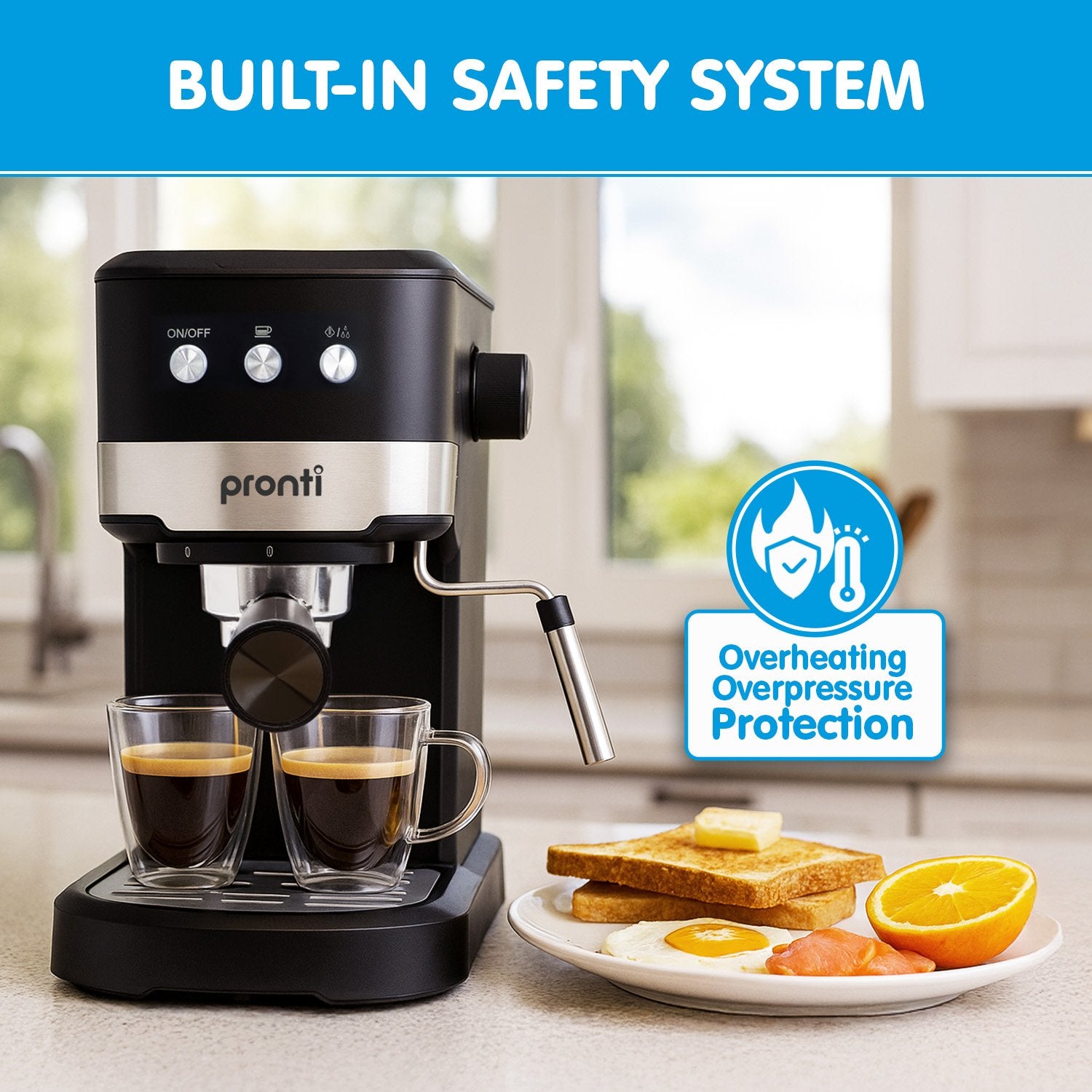 Pronti CM-850D Coffee Machine 20 Bar Espresso Maker with Milk Frother and 1.25L Tank V240-CFM-GTS-850D