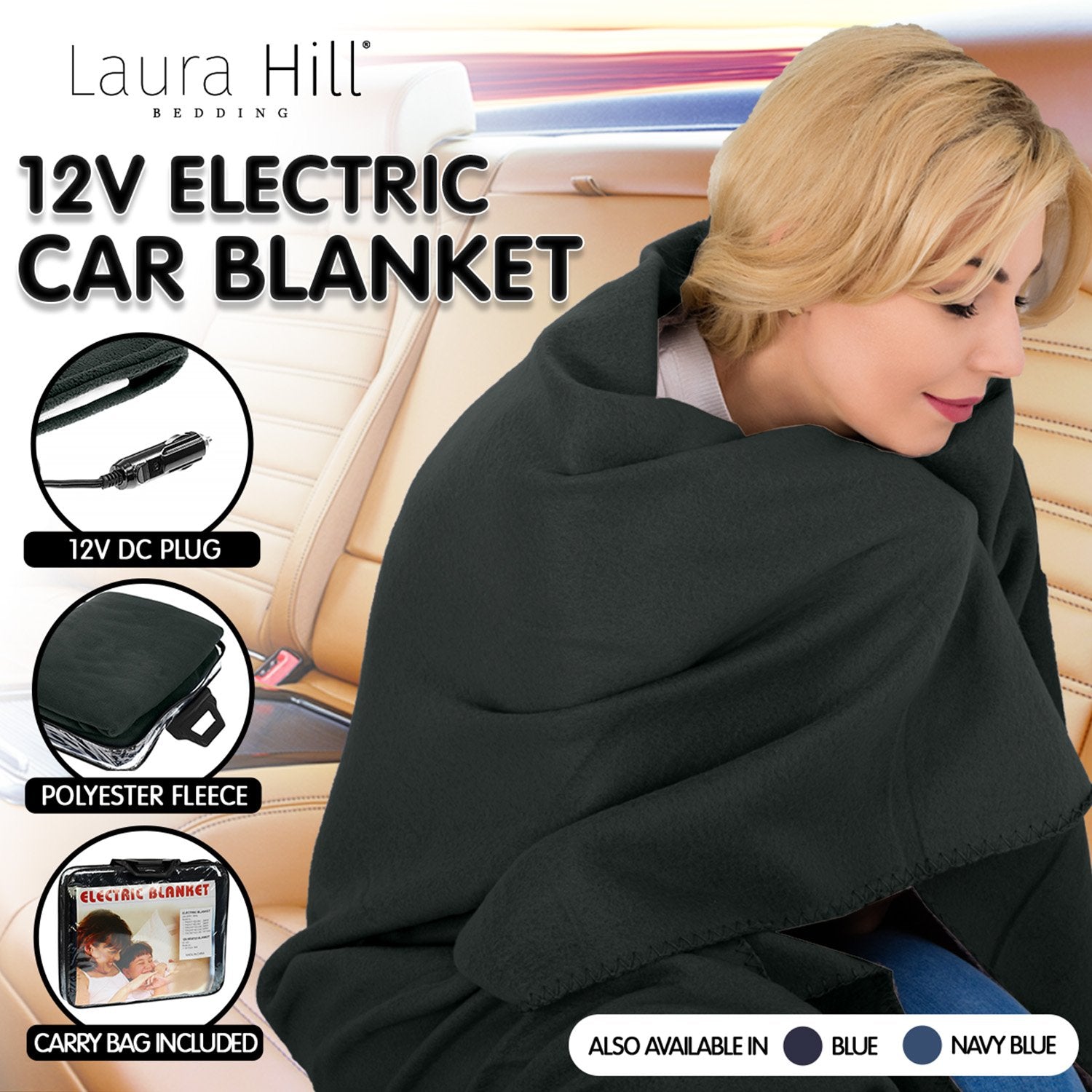 Laura Hill Heated Electric Car Blanket 150x110cm 12v - Black V240-CHB-110-BK