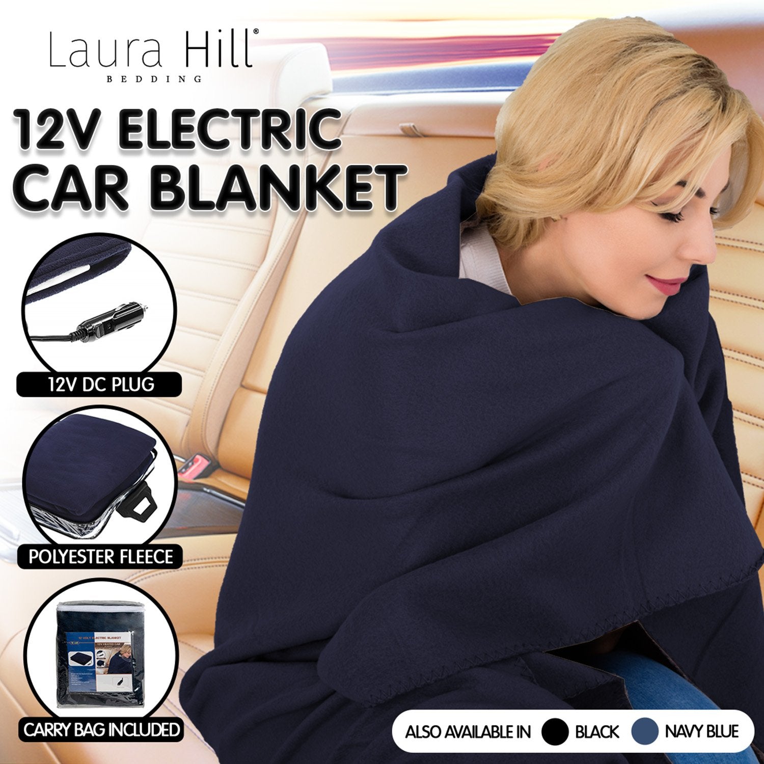 Laura Hill Heated Electric Car Blanket 150x110cm 12v - Blue V240-CHB-110-BU