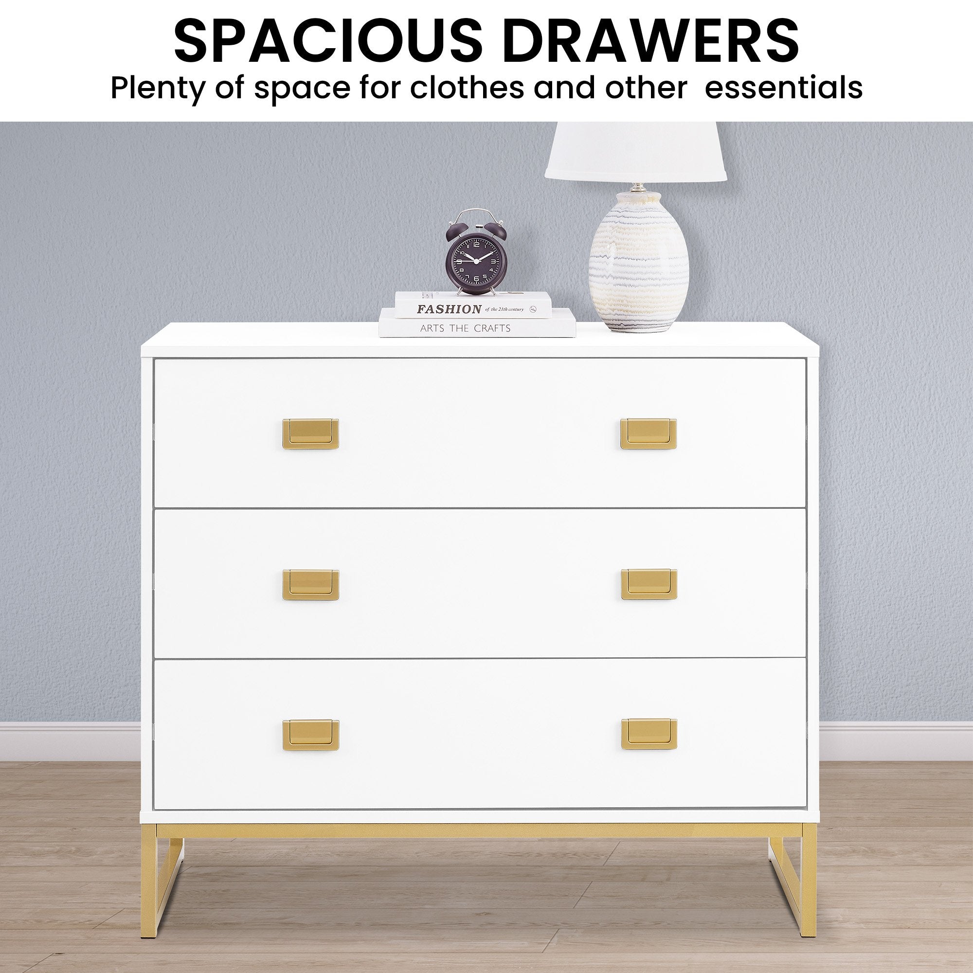 Sarantino Amara Chest of Drawers Tallboy Dresser in White/Gold V240-CHE-90L-05-WHG