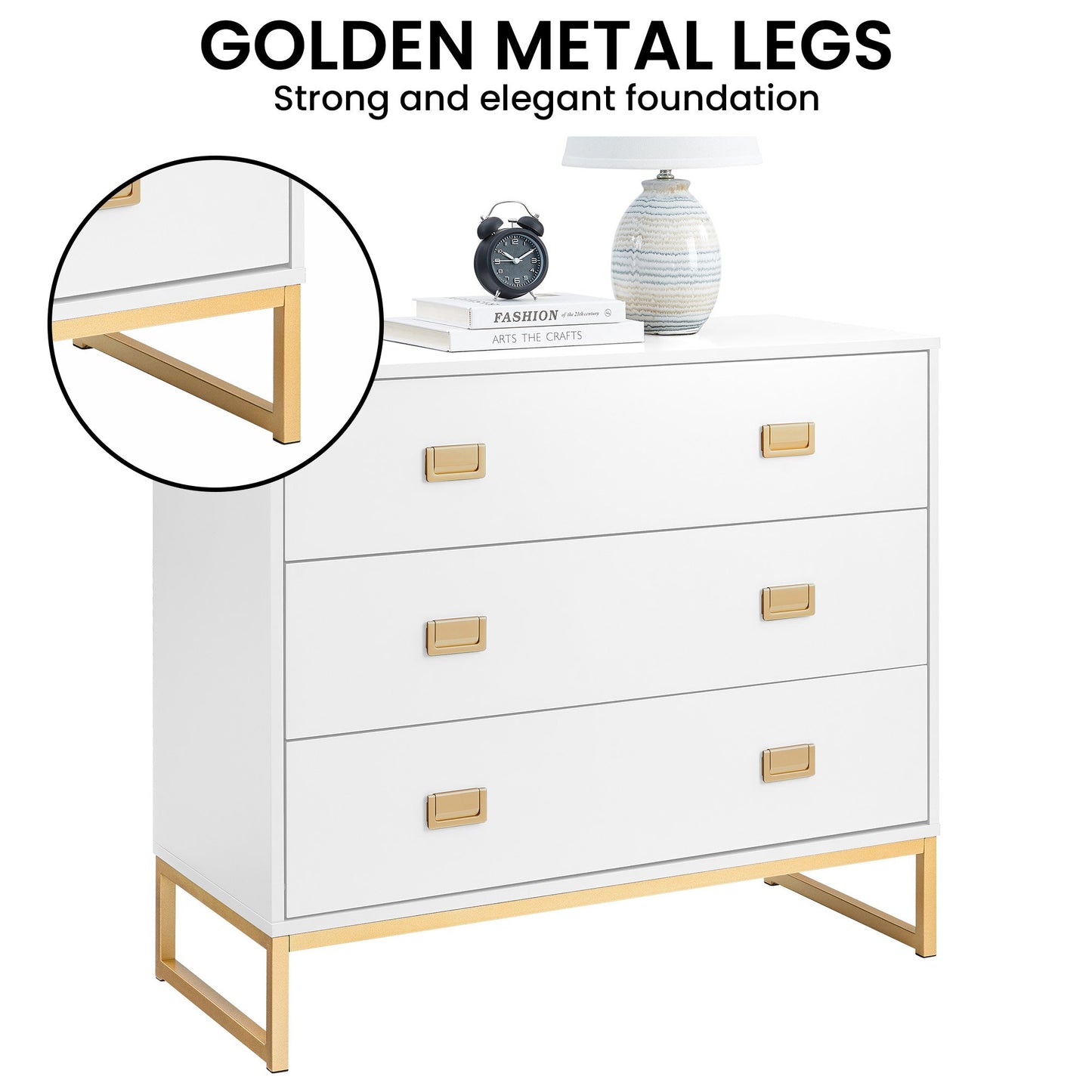 Sarantino Amara Chest of Drawers Tallboy Dresser in White/Gold V240-CHE-90L-05-WHG