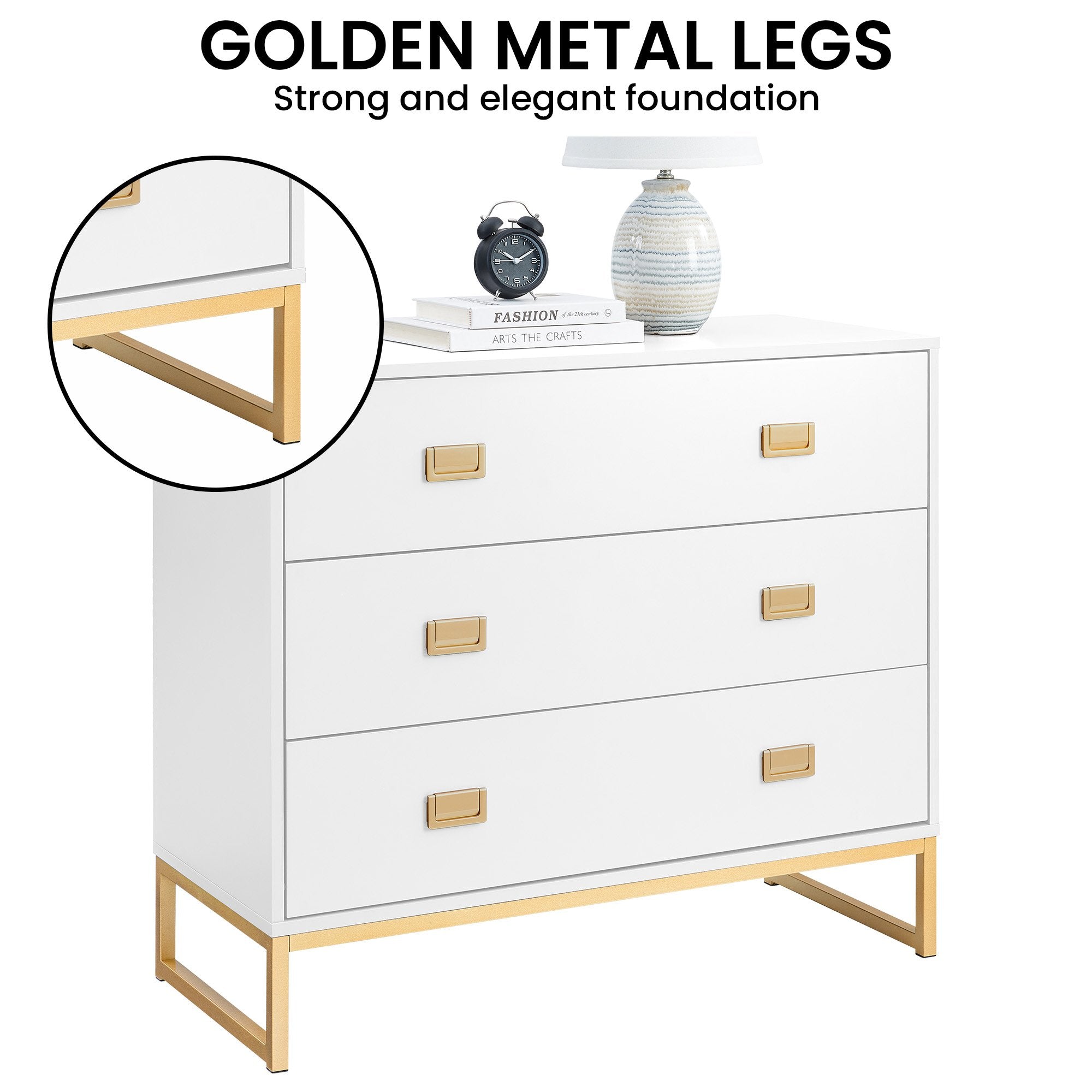 Sarantino Amara Chest of Drawers Tallboy Dresser in White/Gold V240-CHE-90L-05-WHG