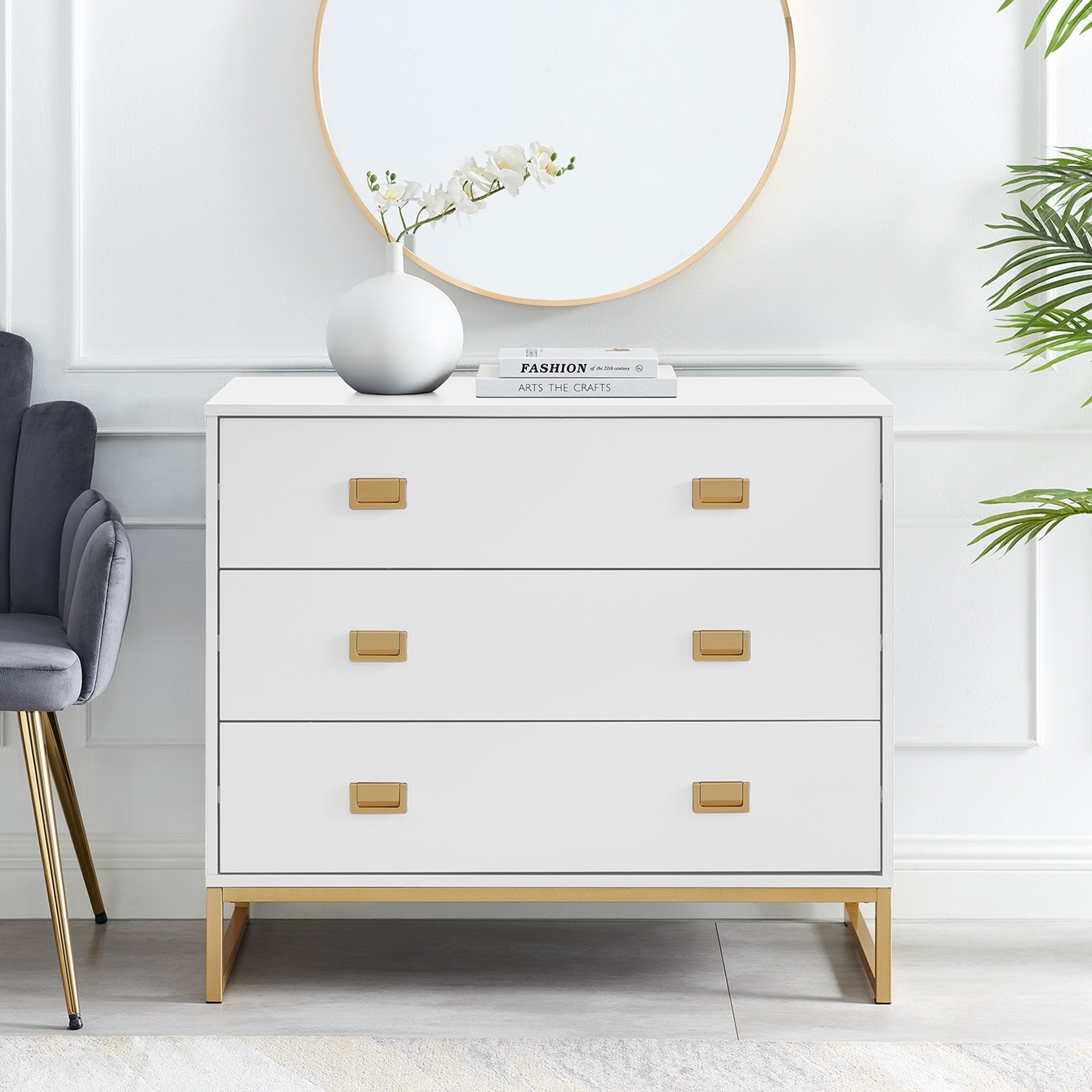 Sarantino Amara Chest of Drawers Tallboy Dresser in White/Gold V240-CHE-90L-05-WHG