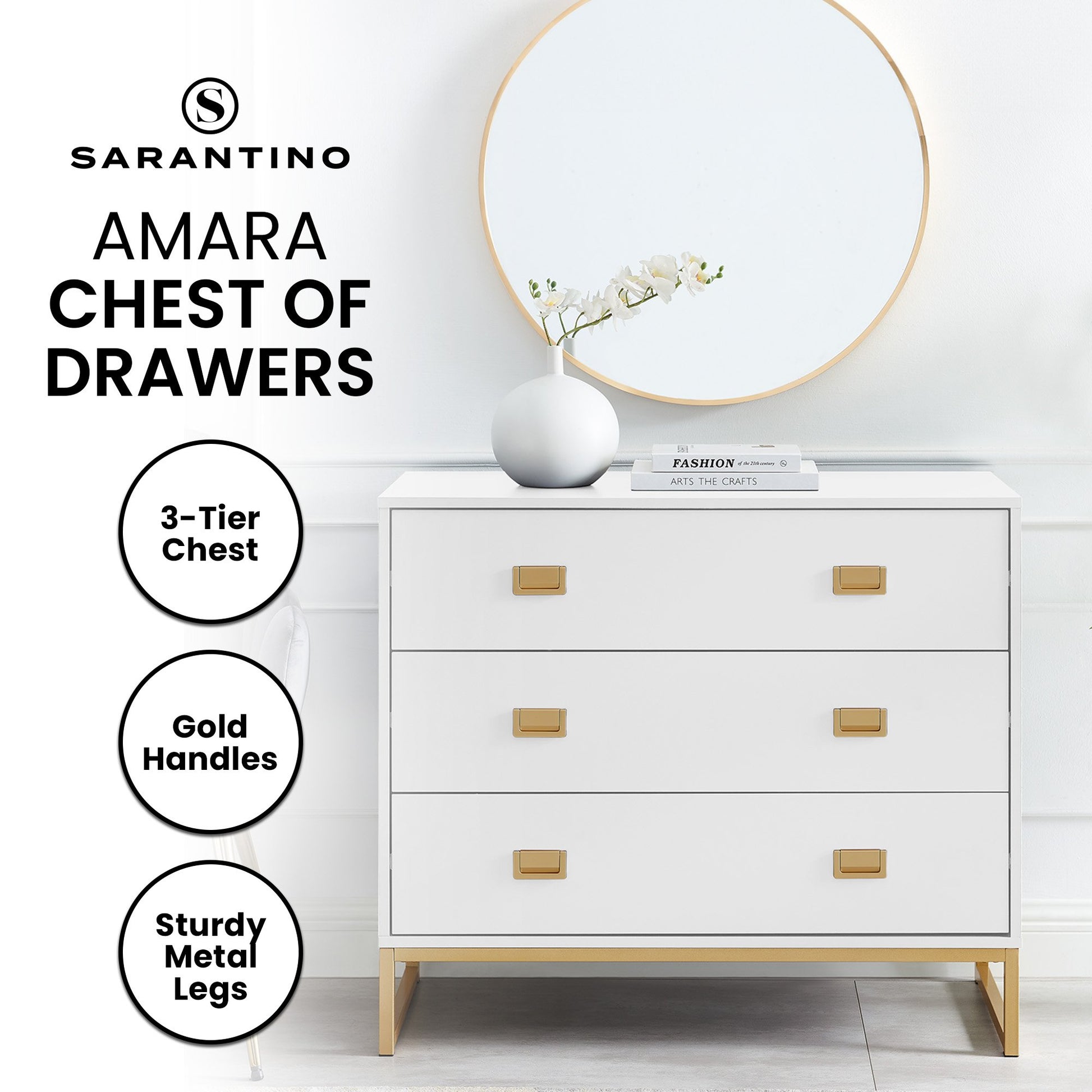 Sarantino Amara Chest of Drawers Tallboy Dresser in White/Gold V240-CHE-90L-05-WHG