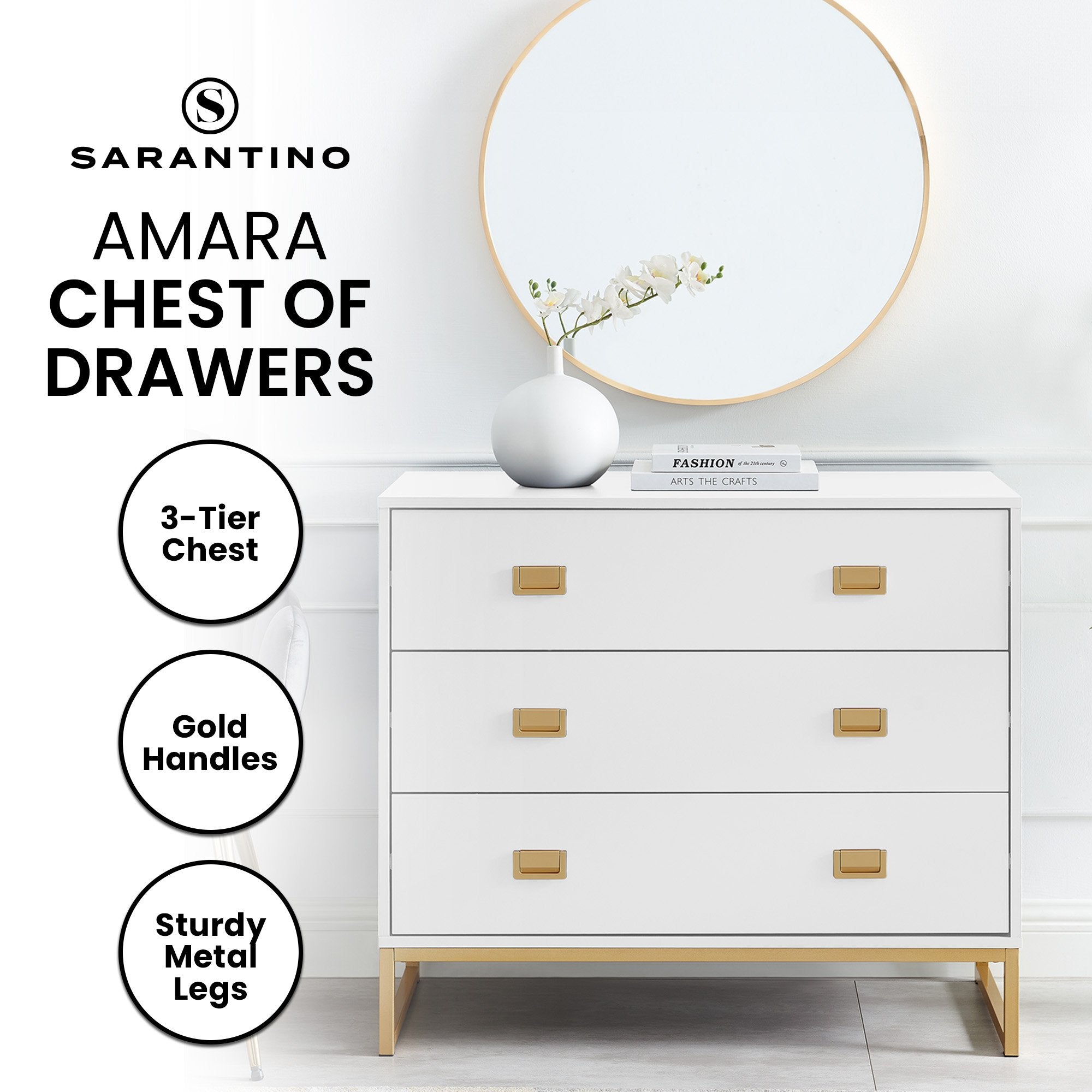 Sarantino Amara Chest of Drawers Tallboy Dresser in White/Gold V240-CHE-90L-05-WHG