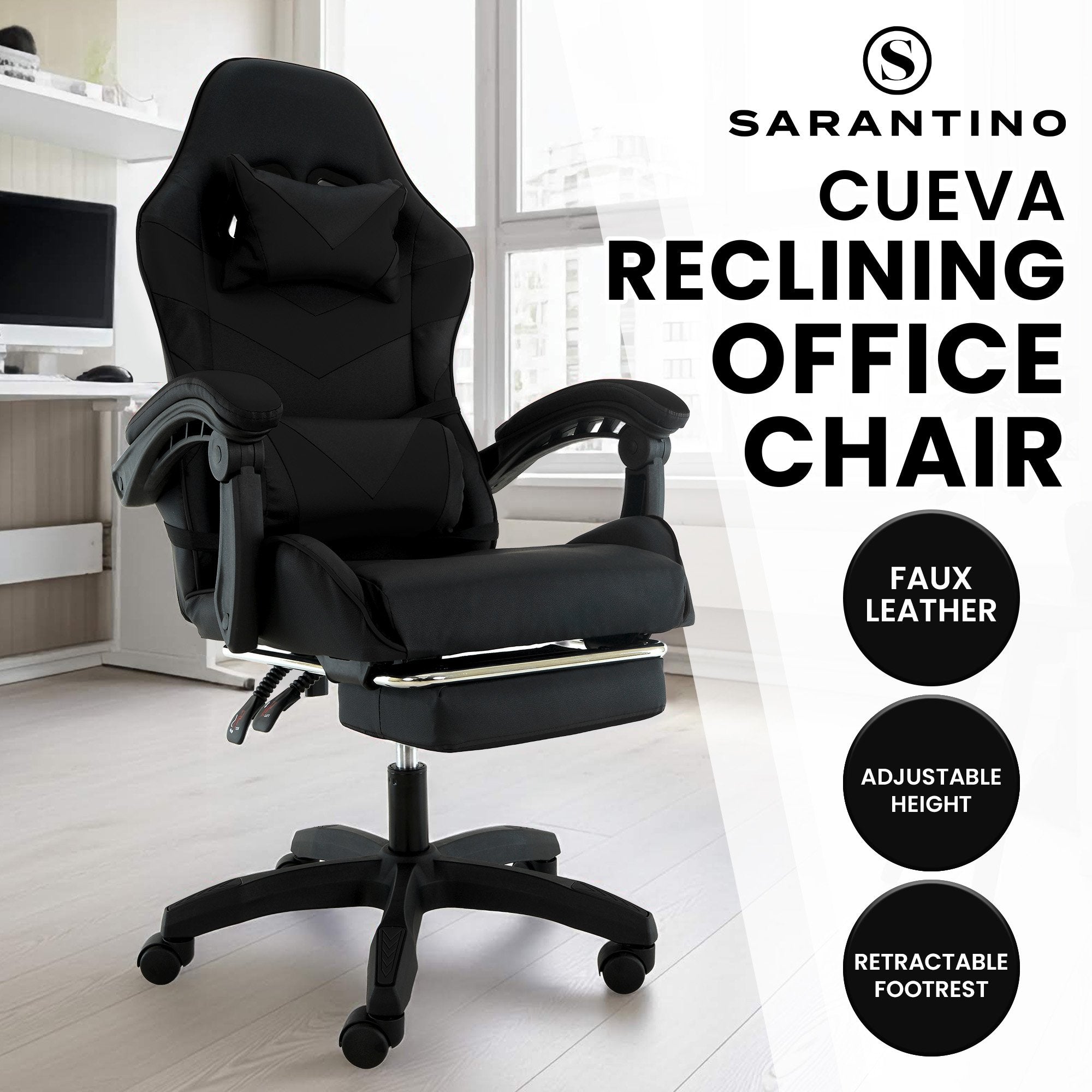 Sarantino Cueva Reclining High Back Office Gaming Chair Black Retractable Footrest Computer Seat V240-CHR-ASA-CUE-BK